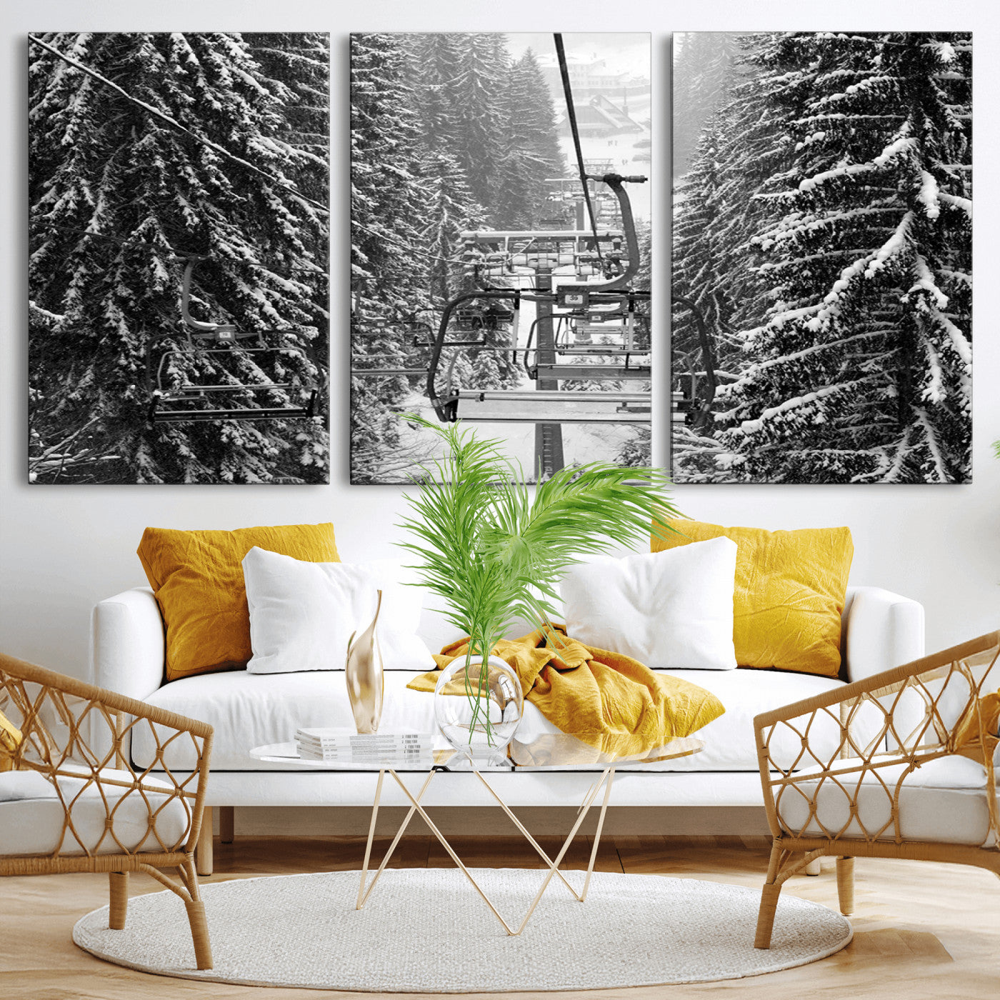 19240-MGV-CV-36X24-Winter Ski Lift Black and White Canvas Wall Art – Alpine Escape in Minimalist Style – Winter Ski