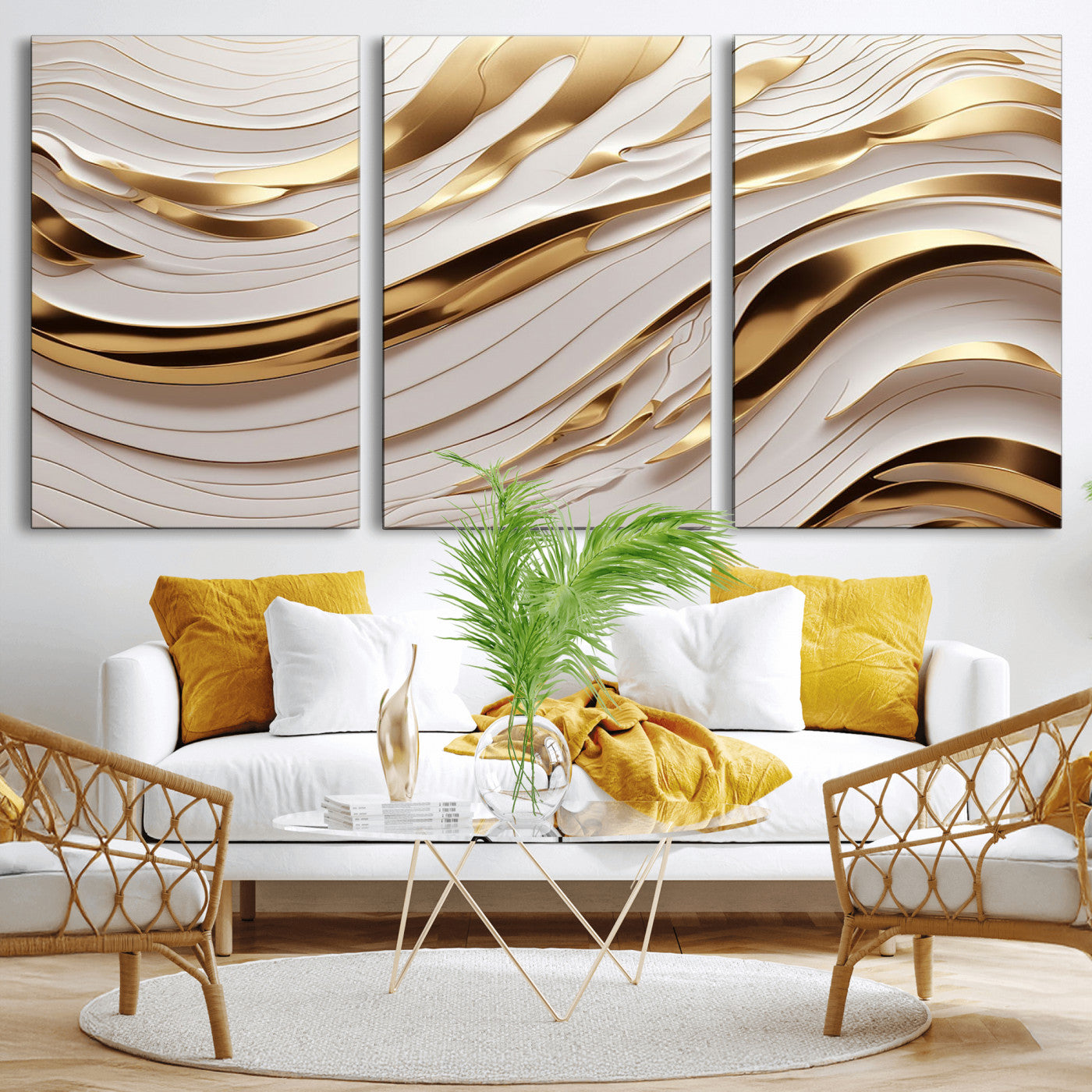 81197-MGV-CV-36X24-Gold and White Abstract Wave Canvas – Elegant Flowing Design with Luxurious Golden Accents –