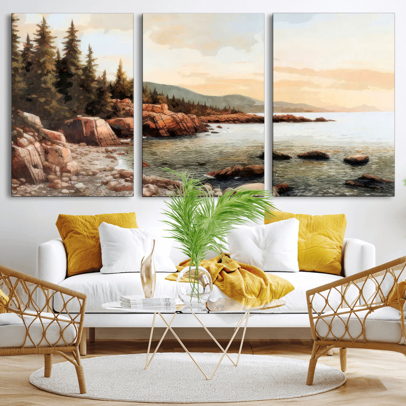 77145-MGV-CV-36X24-Serene Coastal View of Acadia National Park Wall Art - Stunning 3-Panel Wall Art Canvas Print,