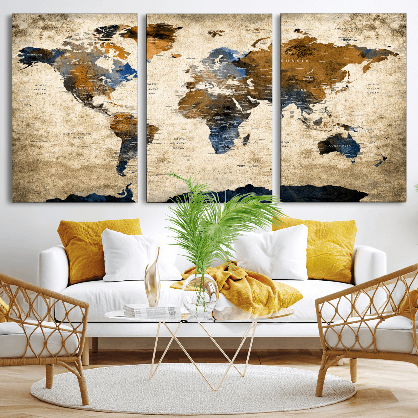 51140-MGV-CV-36X24-World Map Wall Art – Rustic Earth Tone Canvas Print, Antique Travel Map Design for Living Room, Office or Study, Classic Adventure Decor