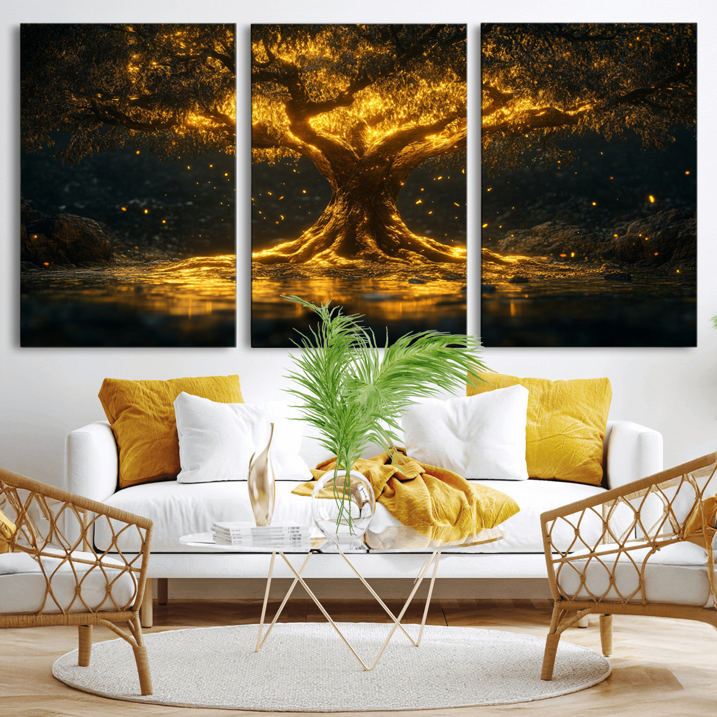 59580-MGV-CV-60X30-3P-Golden Tree of Life Canvas Wall Art Print - Majestic Glowing Tree Wall Art Print
