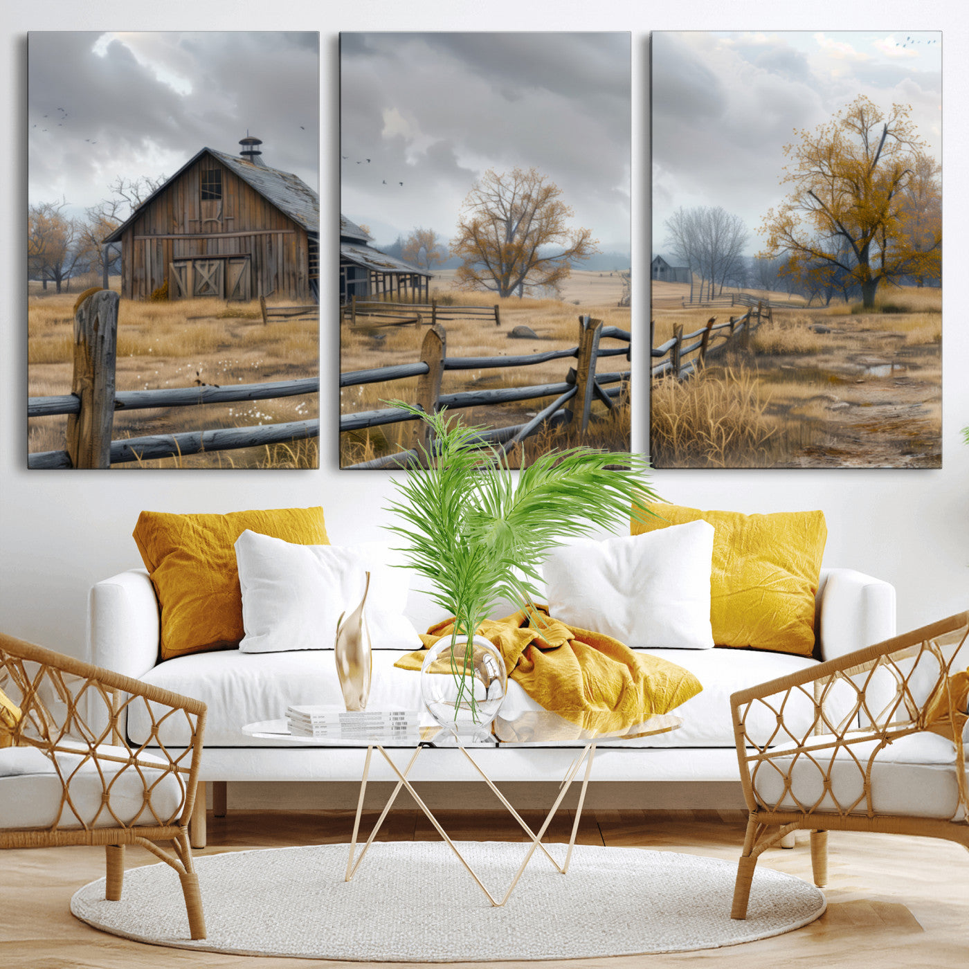 Farm1-MGV-CV-36X24-Rustic Autumn Farmhouse Wall Art Canvas Print – Serene Countryside Scene with Weathered Barn and
