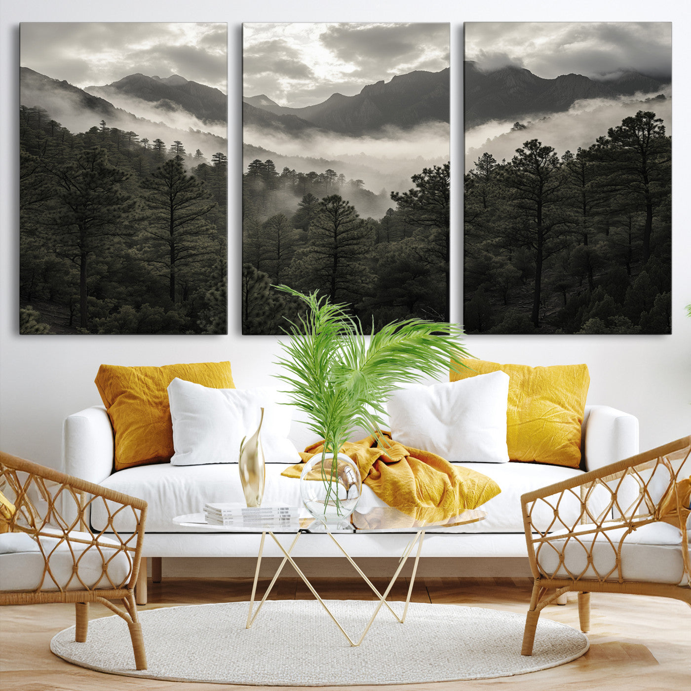Canvas of moody pine forest and foggy mountain peaks under overcast skies, ideal for calm and rustic woodland-themed home decor.