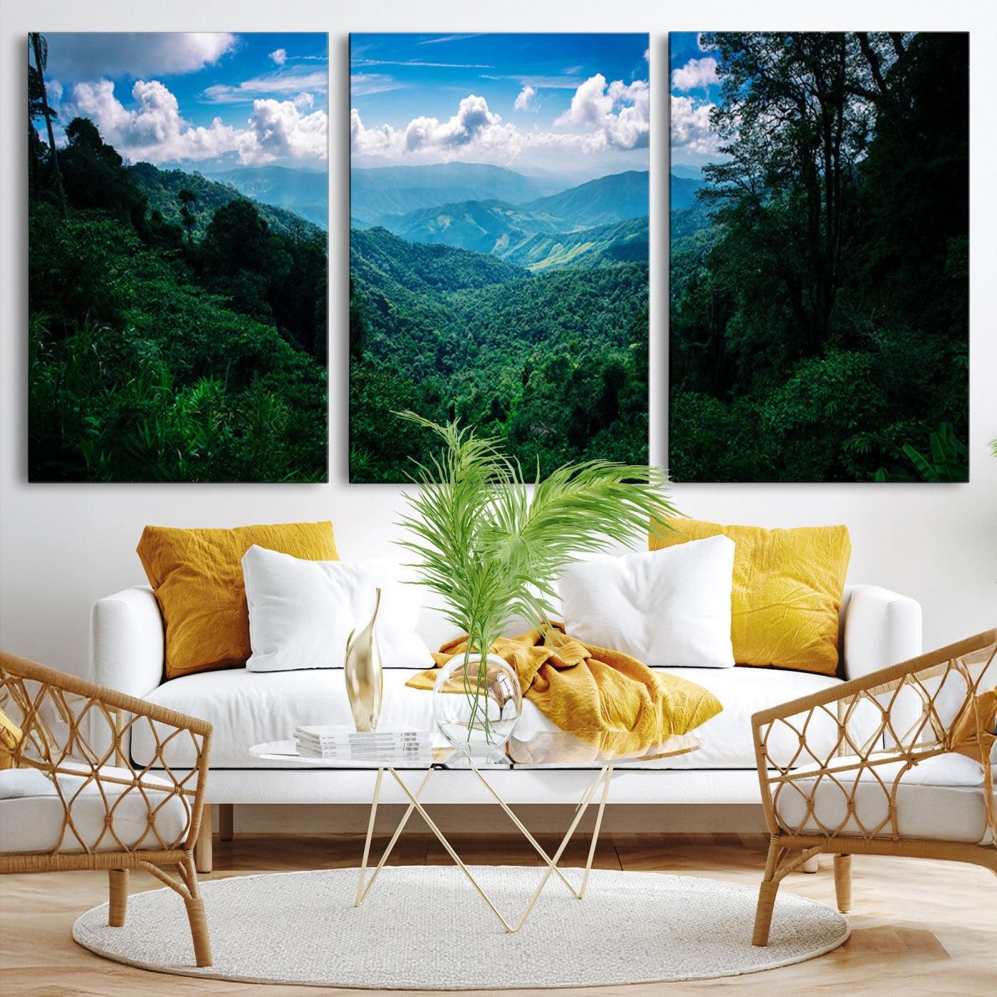 Canvas of a misty tropical jungle with vibrant greenery and layered blue mountains, ideal for exotic nature-themed wall décor.