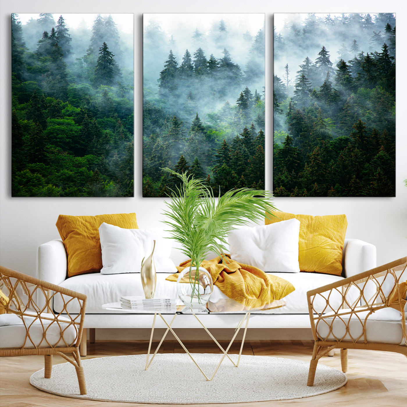 17393683-MGV-CV-48X32-3P-Misty Forest Wall Art Canvas Print – Framed Foggy Mountain Landscape Artwork, Serene Scenic Decor for Home, Office