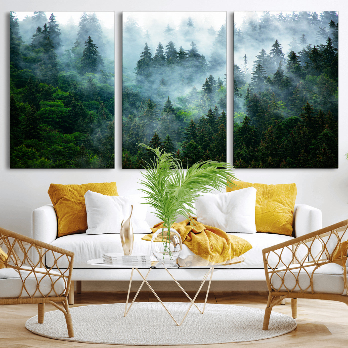 17393683-MGV-CV-36X24-Misty Forest Wall Art Canvas Print – Framed Foggy Mountain Scene with Serene Nature Artwork for Home, Office, Living Room