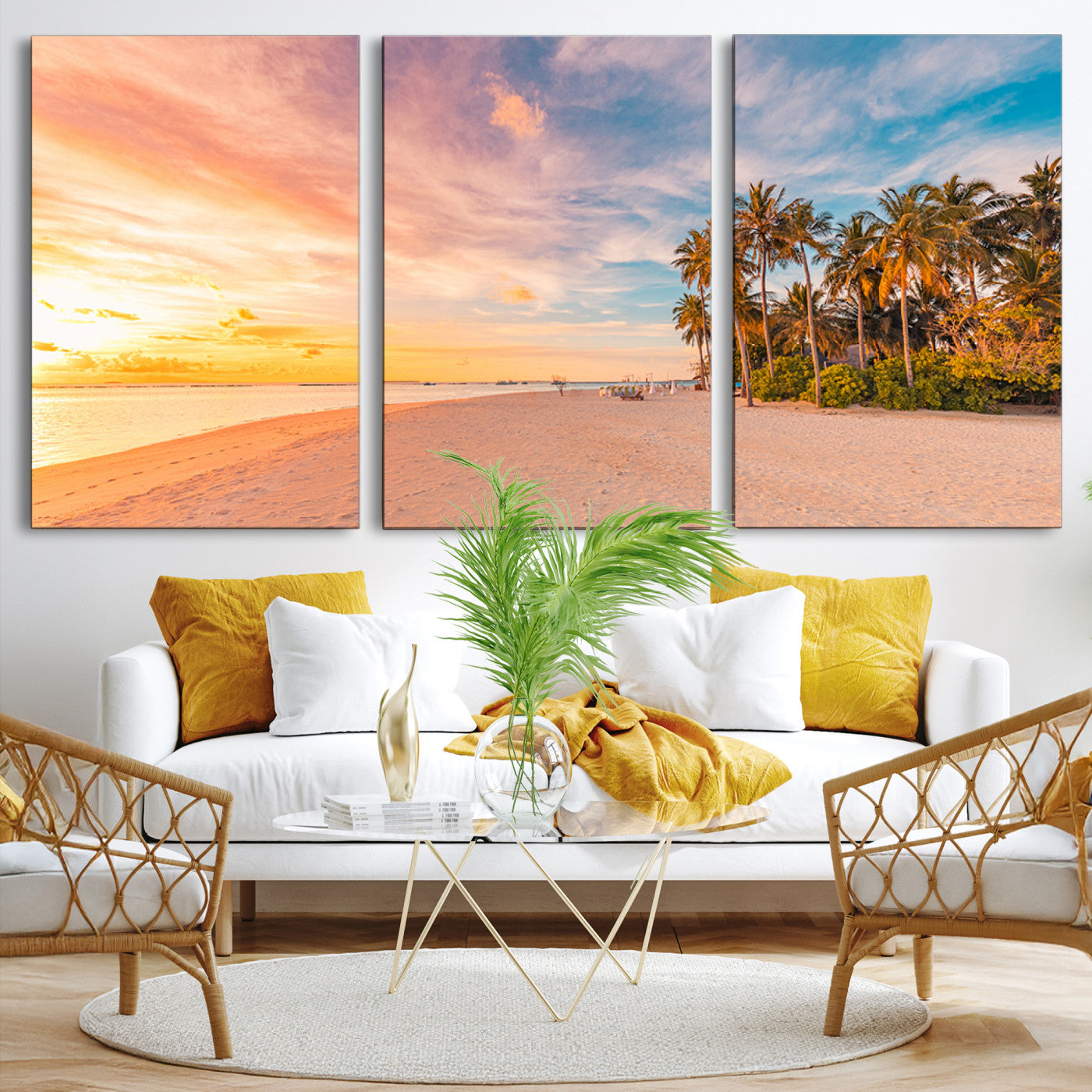 Tropical beach canvas with palm trees and soft sunset tones, ideal for coastal or beach-style home décor in warm pastel hues.