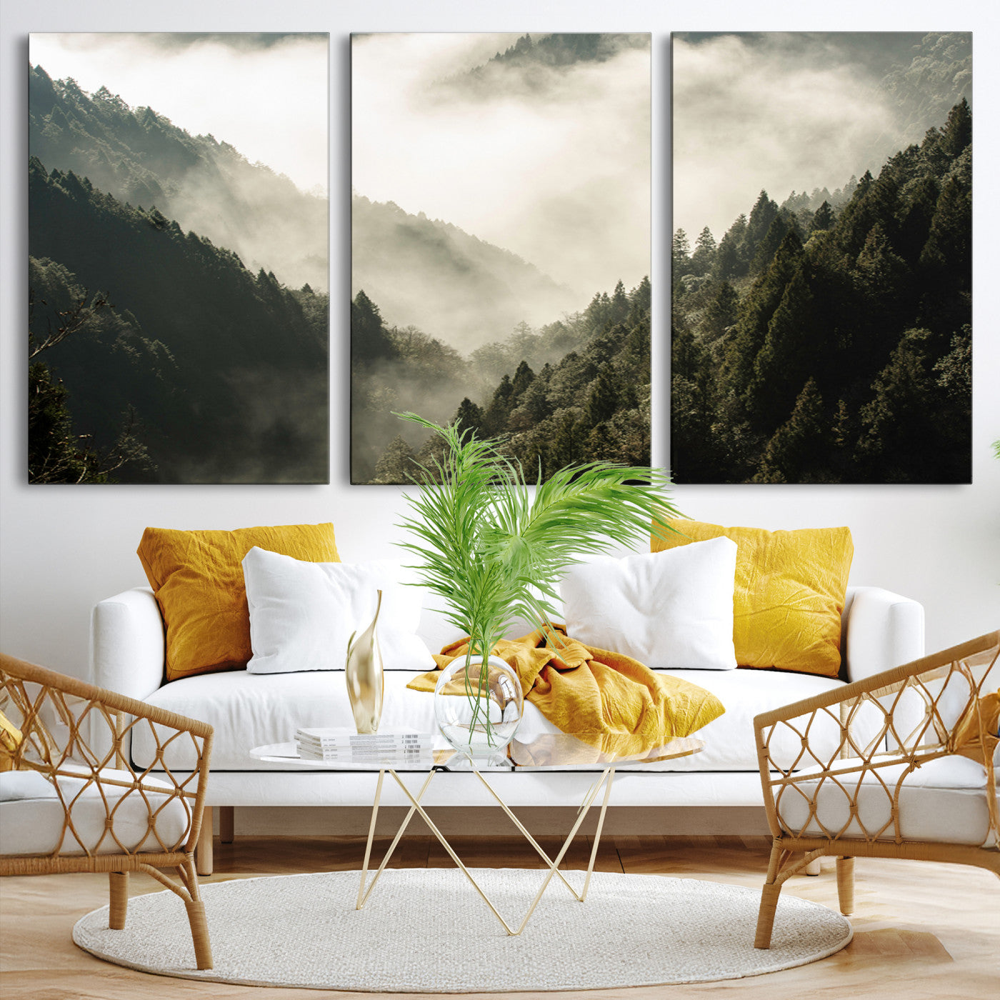 Canvas showing a misty pine forest valley with layered green hills and soft fog, perfect for moody or nature-themed decor styles.