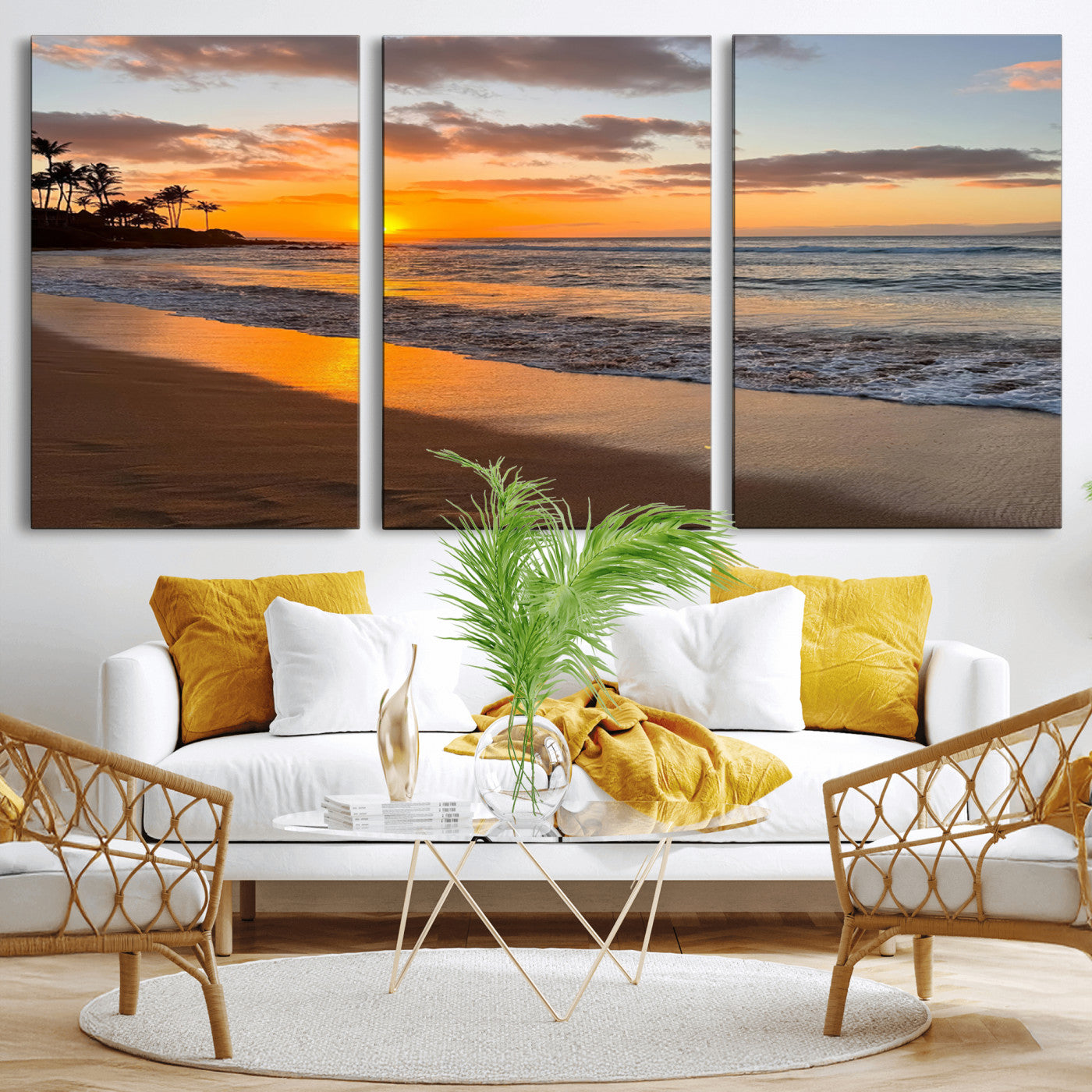 MGV-CV-60X30-3P - Sunset Glow Wall Art – Canvas Print of Ocean Breeze, Golden Sand, Tropical Palm Silhouettes, Tranquil Waves, Beach Nature Decor for Home