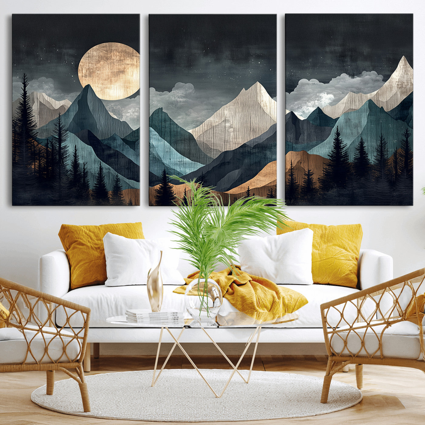 11060882-MGV-CV-36X24-Moonlit Mountain Wall Art Canvas Print – Silhouetted Pines Layered Peaks Tranquil Sky Mist Silver Light Nature Artwork for Home