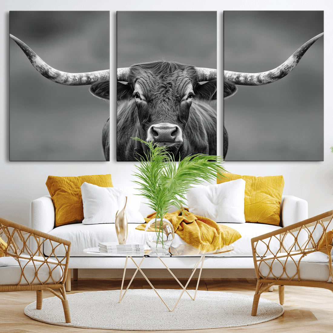 Texas Longhorn Wall Art Canvas Print, Framed Western Bull Photography, Rustic Log Cabin Decor