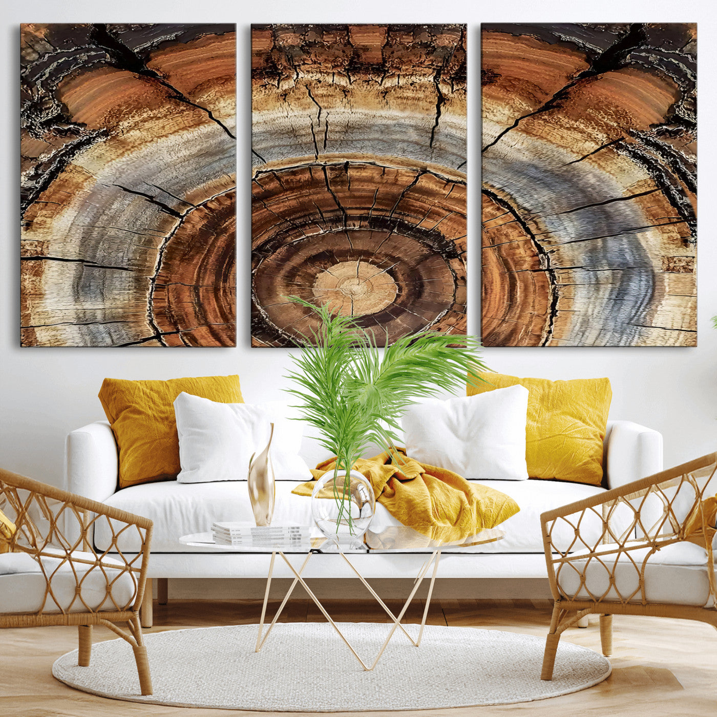 -Tree Rings Wall Art Canvas Print, Framed Wood Texture Art Picture Print, Rustic Pattern Perfect Rustic Organic Decor Artwork