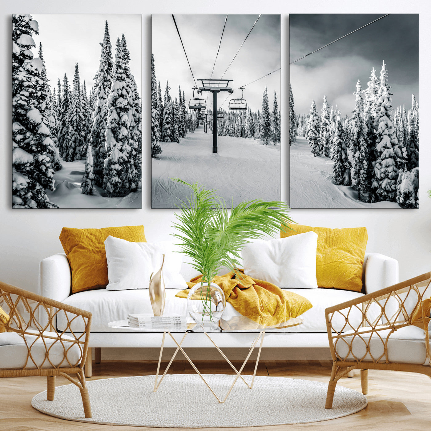 31156828-MGV-CV-36X24-Snowy Pines Wall Art Canvas Print – Framed Ski Lift Winter Forest Snowy Landscape Moody Lodge Artwork for Home, Office
