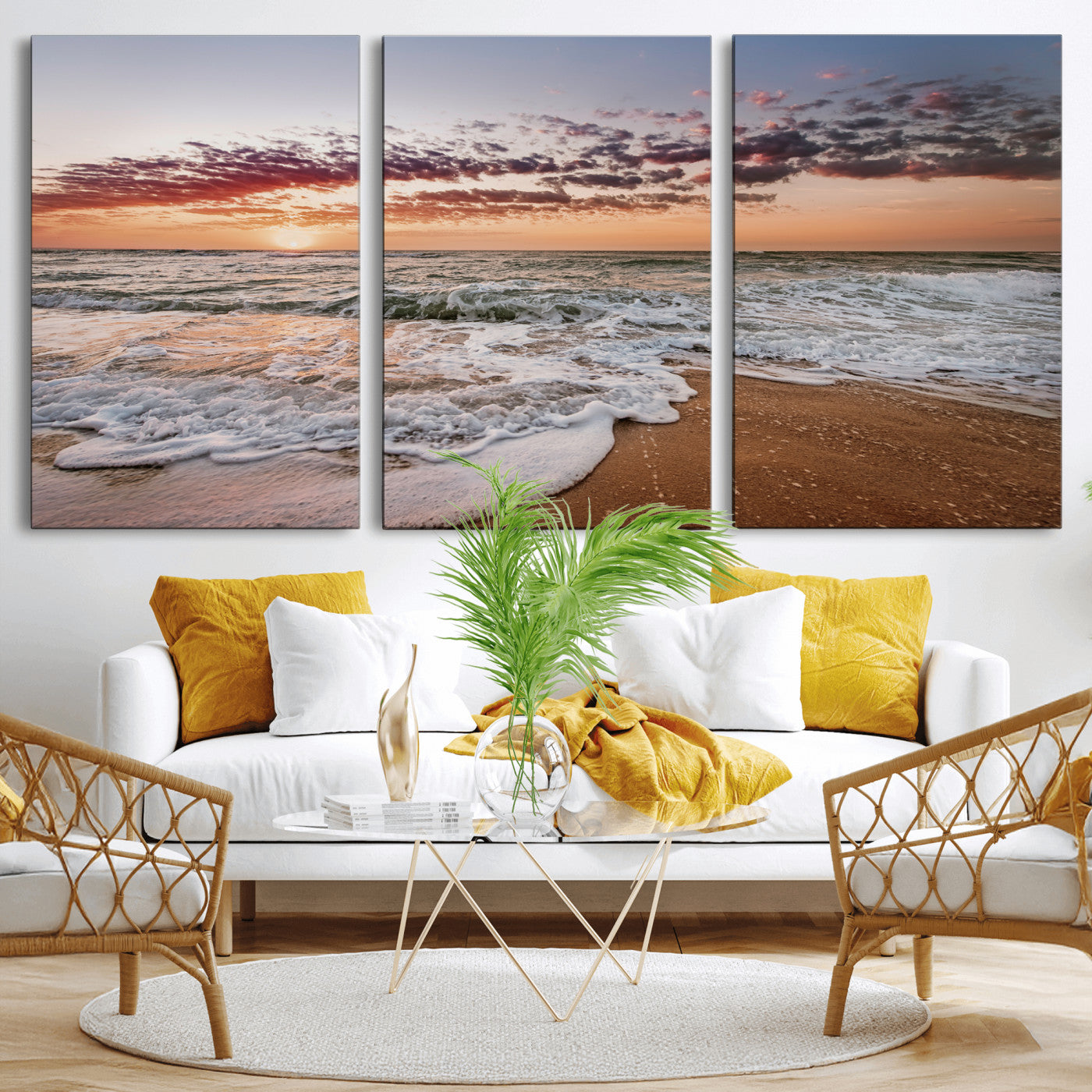 39846389-MGV-CV-36X24-Ocean Sunset Wall Art Canvas Print – Framed Sandy Shore Gentle Waves Coastal Landscape Minimalist Artwork for Home, Office
