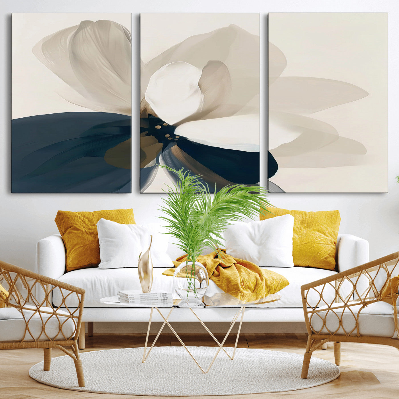 -Minimal Flower Wall Art Canvas Print, Framed Flower Drawing Art Picture Print, Beige Bloom Perfect Modern Botanical Decor Artwork