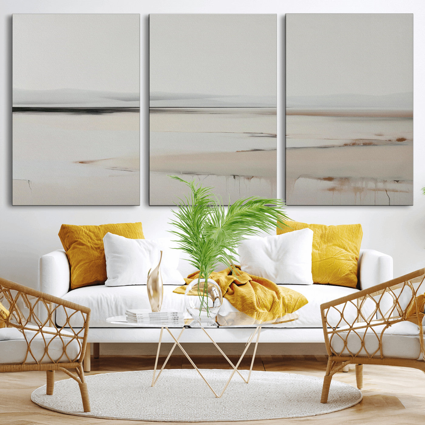 89410095-MGV-CV-36X24-Minimalist Landscape Wall Art Canvas Print – Framed Soft Horizon Abstract Seascape Earthy Tones Artwork for Home Office