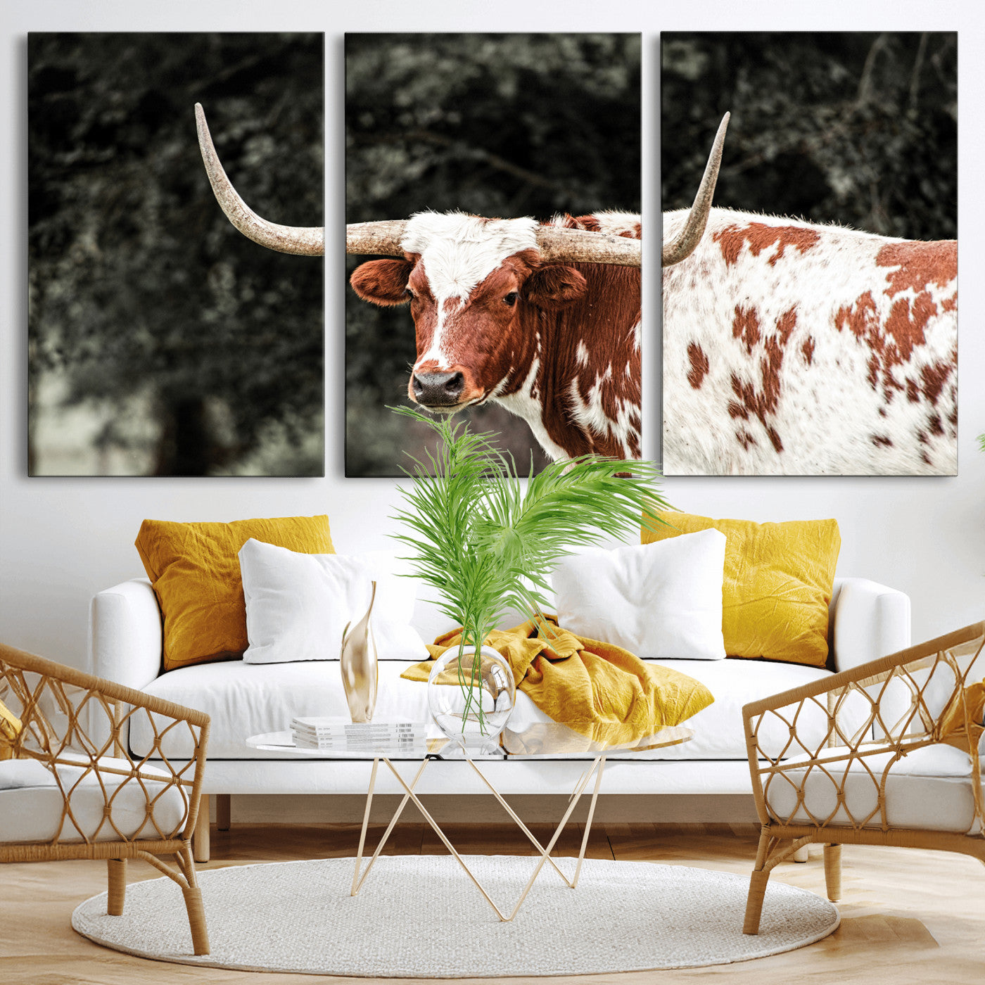 -Texas Longhorn Wall Art Canvas Print, Framed Spotted Cow Art Picture Print, Horned Bull Perfect Rustic Western Decor Artwork