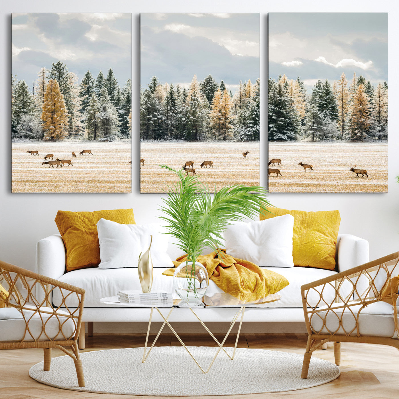 Elk herd in a snowy field with golden pine trees and frosted evergreens, ideal for neutral rustic or cabin-style home decor.