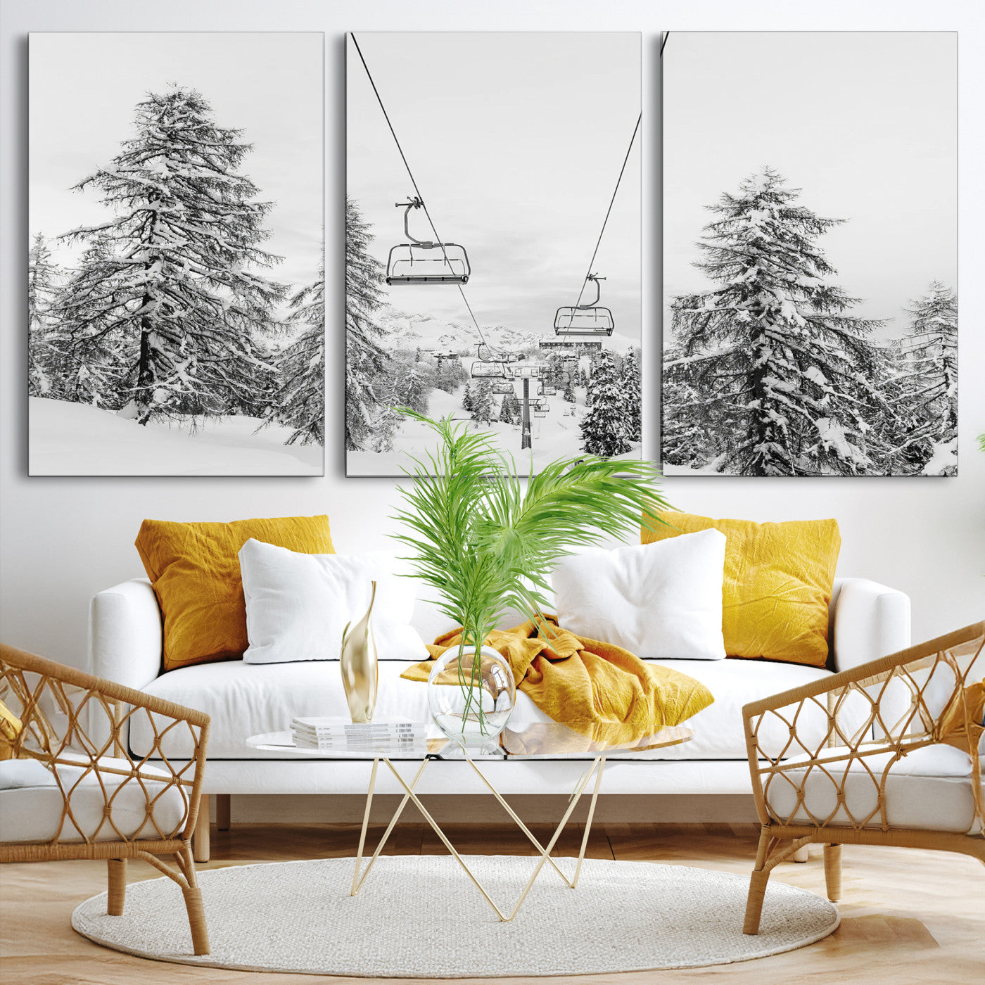 55003599-MGV-CV-36X24-Snowy Ski Lift Wall Art – Framed Winter Forest Canvas Artwork, Peaceful Mountain Design, Modern Nature Decor for Home, Office
