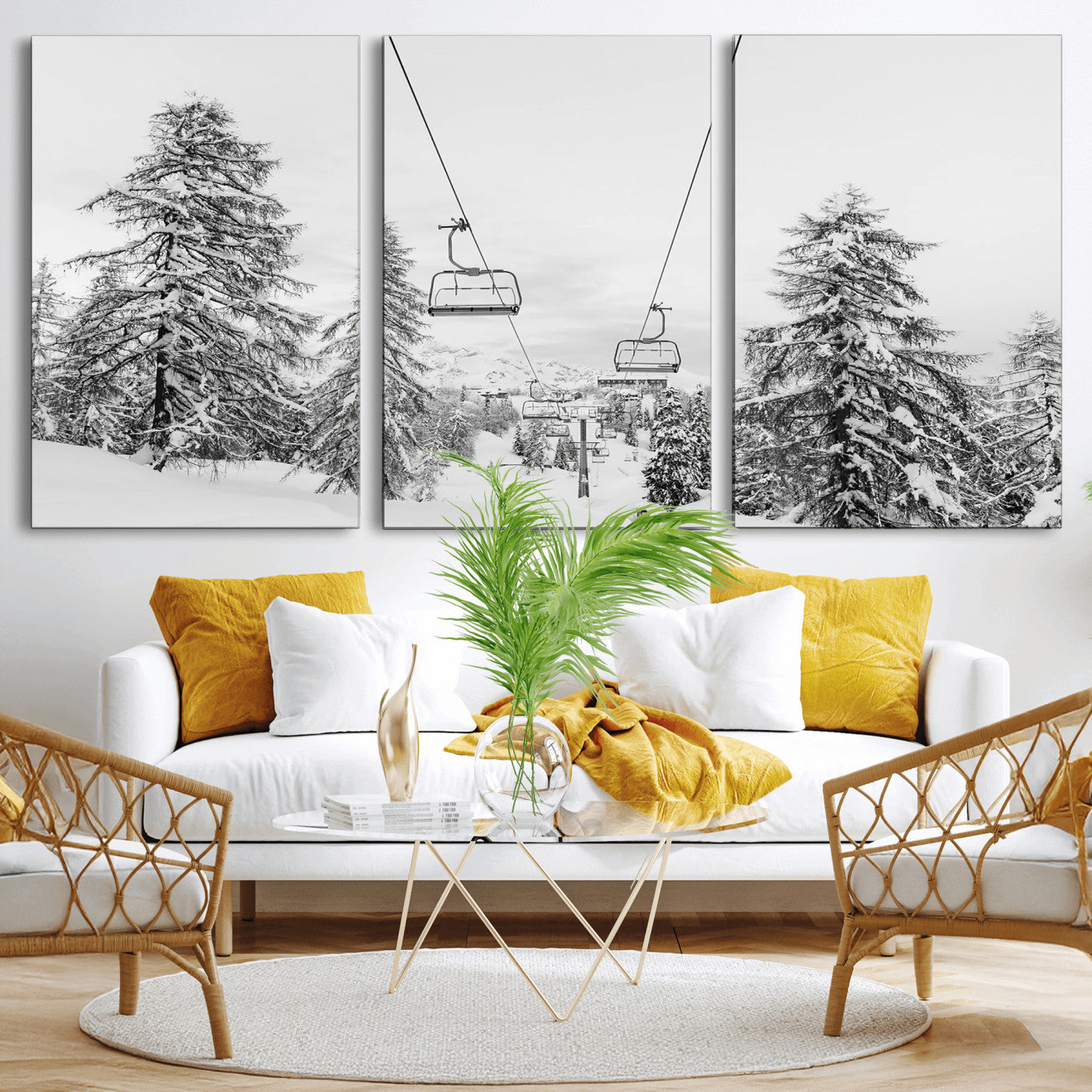 55003599-MGV-CV-36X24 - Snowy Ski Lift Wall Art – Framed Winter Forest Canvas Artwork, Peaceful Mountain Design, Modern Nature Decor for Home, Office