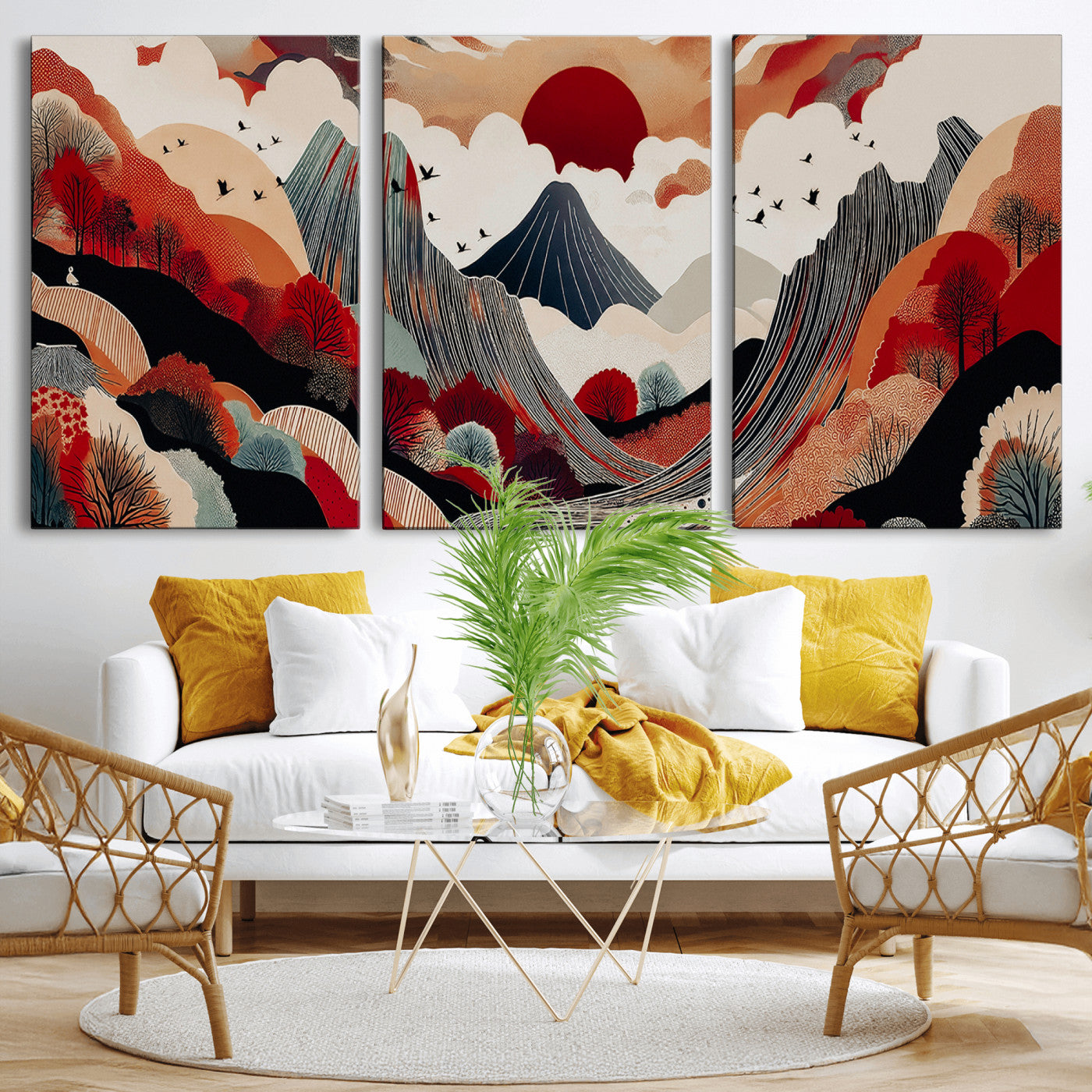 -Abstract Mountain Wall Art Canvas Print, Framed Vibrant Landscape Art Picture Print, Stylized Nature Drawing Perfect Contemporary Minimalist Decor Artwork