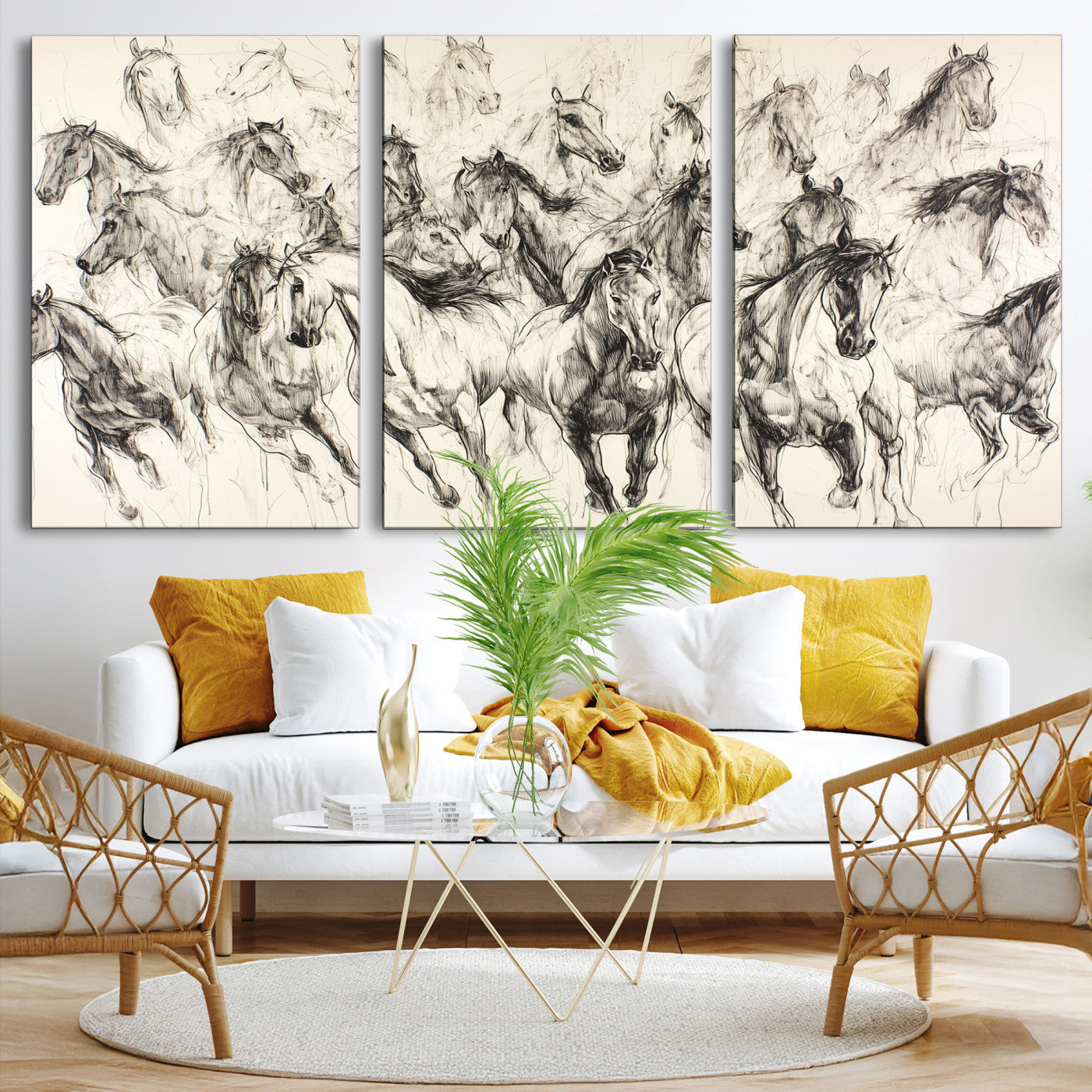 19433417-MGV-CV-36X24-Running Horses Wall Art Canvas Print – Framed Galloping Herd Dynamic Equestrian Sketch Nature Artwork for Home Office