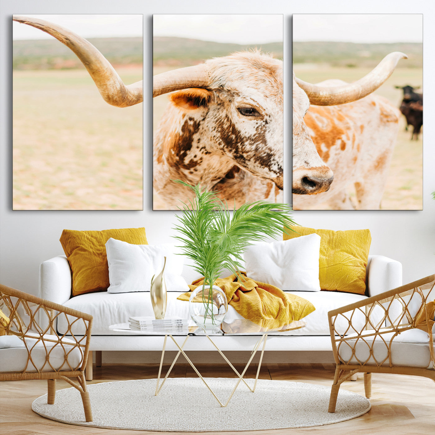 21060648-MGV-CV-36X24-Texas Longhorn Wall Art Canvas Print – Framed Speckled Cow Rustic Bull Western Farmhouse Animal Artwork for Home Office