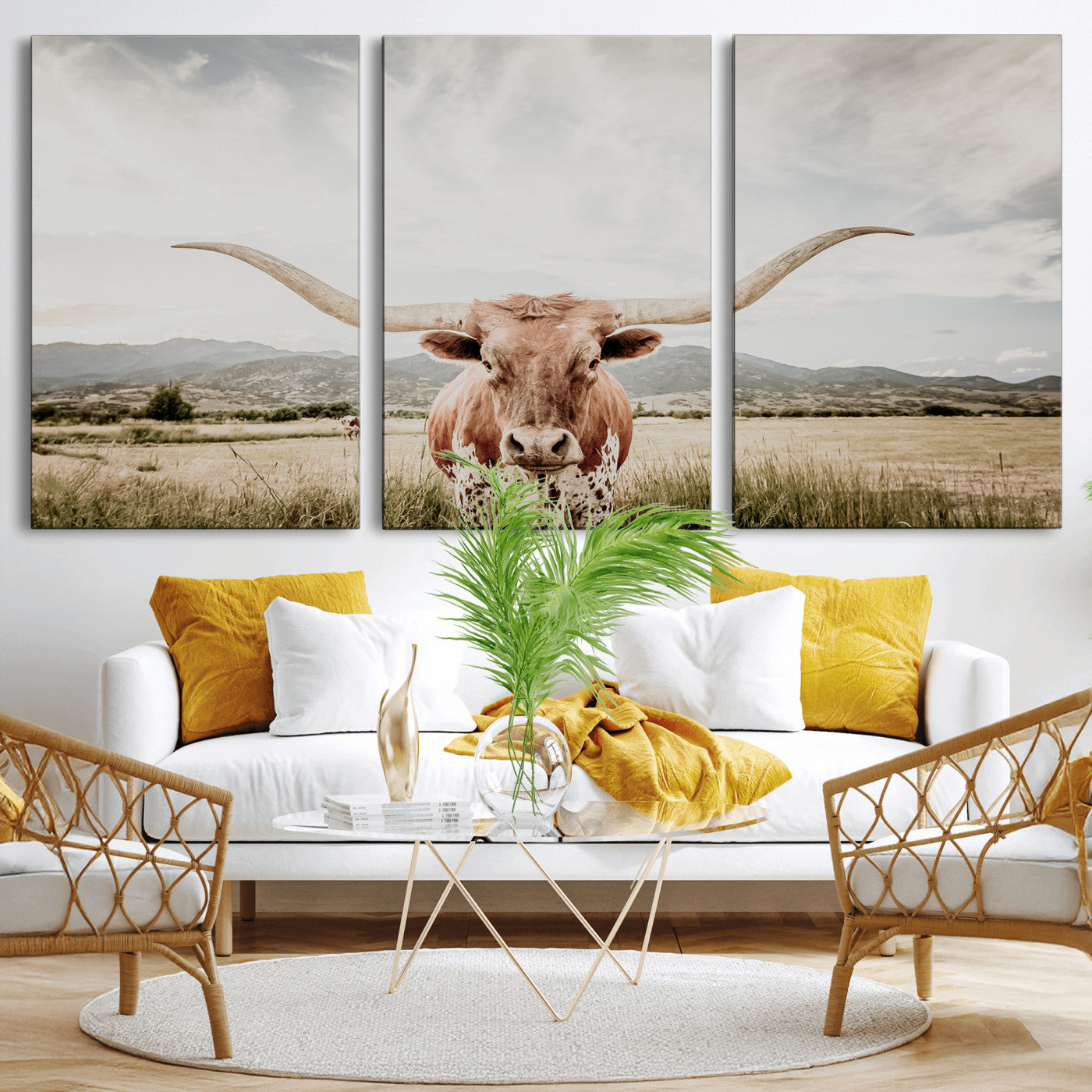 80054319-MGV-CV-36X24-Texas Longhorn Wall Art Canvas Print – Framed Western Cow Scene with Rustic Farmhouse Artwork for Home, Office