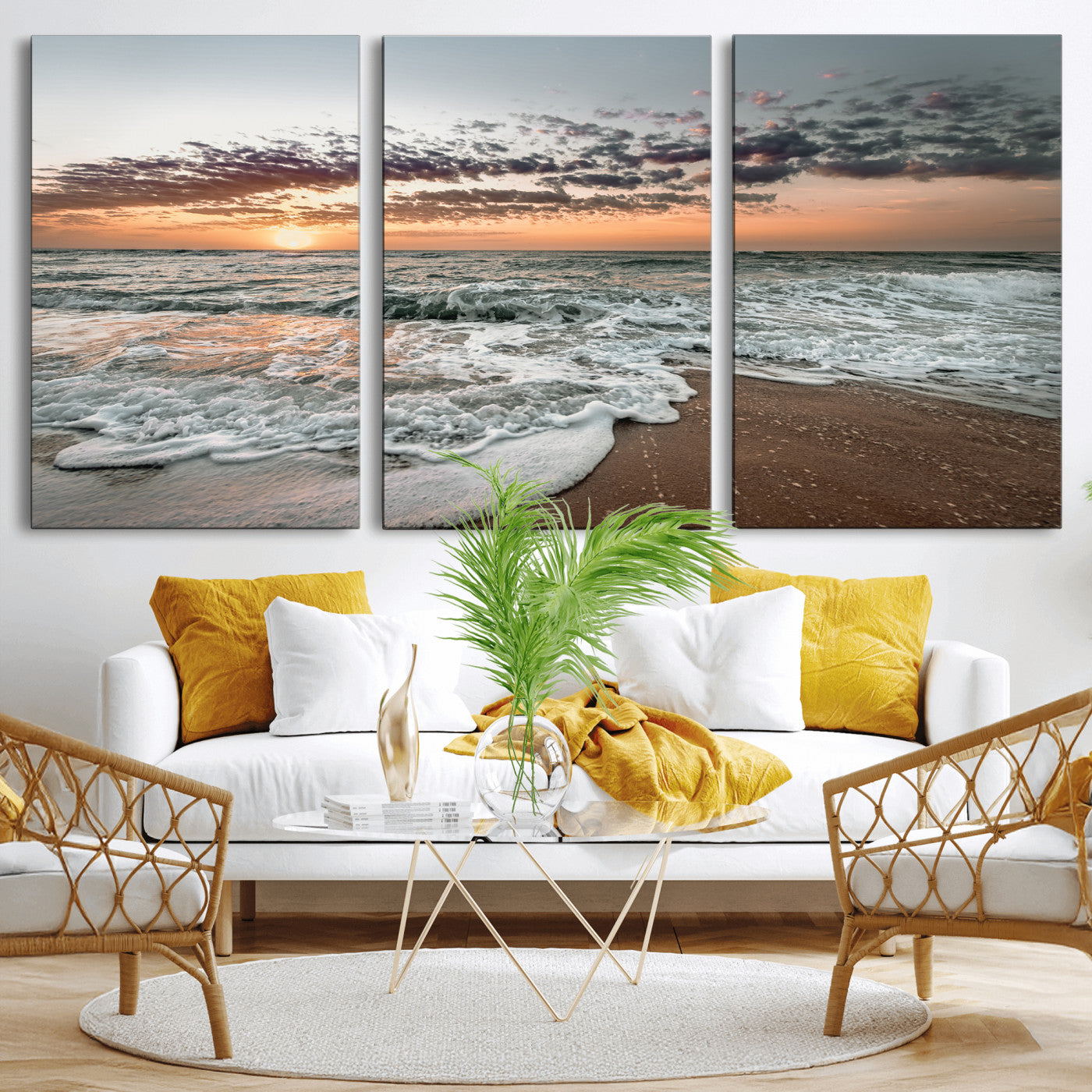 40632752-MGV-CV-36X24-Ocean Sunset Wall Art Canvas Print – Framed Beach Waves Scene with Coastal Artwork for Home, Office, Living Room