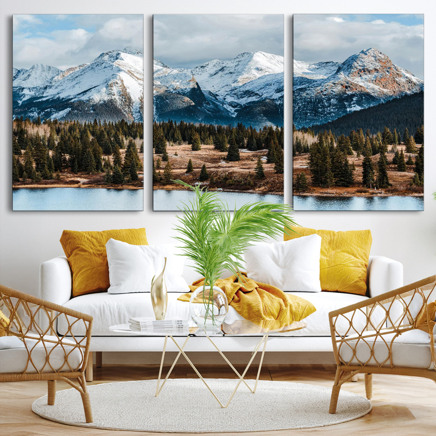 -Snowy Peaks Wall Art Canvas Print, Framed Alpine Lake Art Picture Print, Pine Forest Perfect Alpine