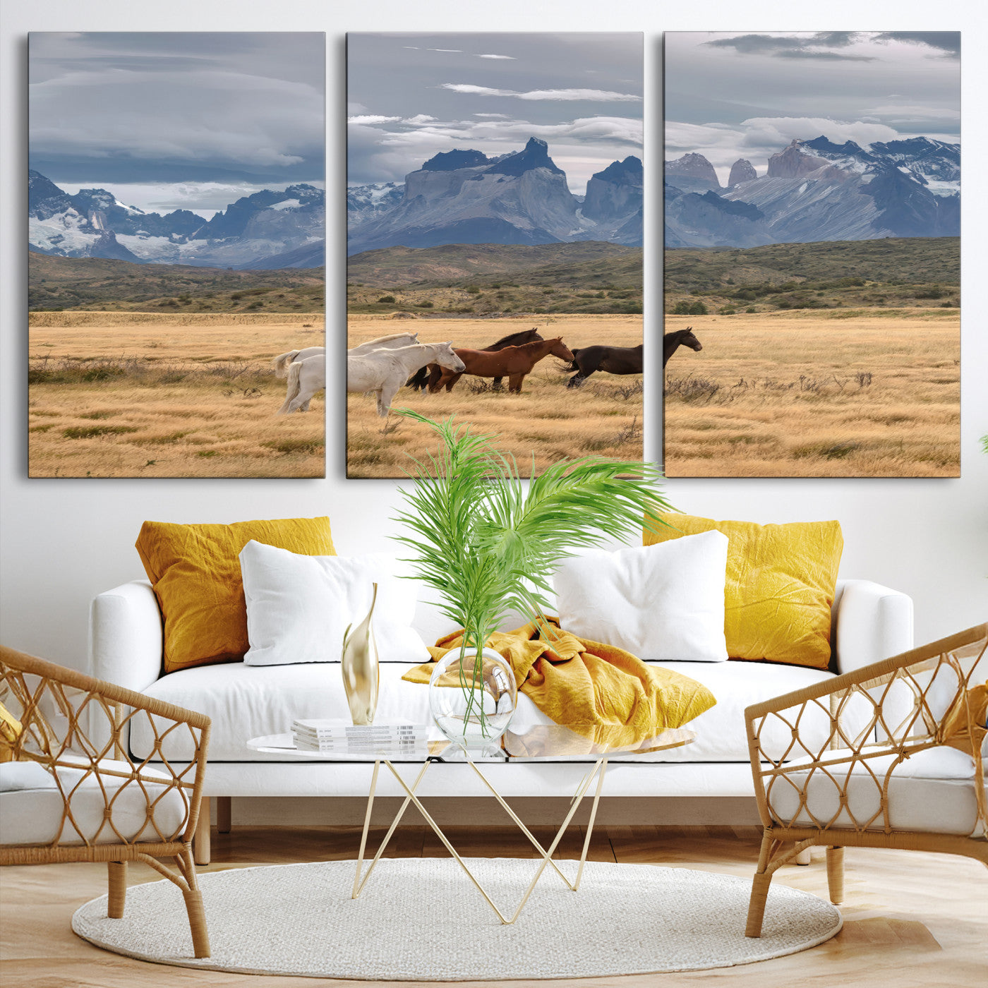 69960232-MGV-CV-36X24-Horses Grazing Wall Art Canvas Print – Framed Mountain Field Scenic Landscape Cloudy Sky Nature Artwork for Home Office