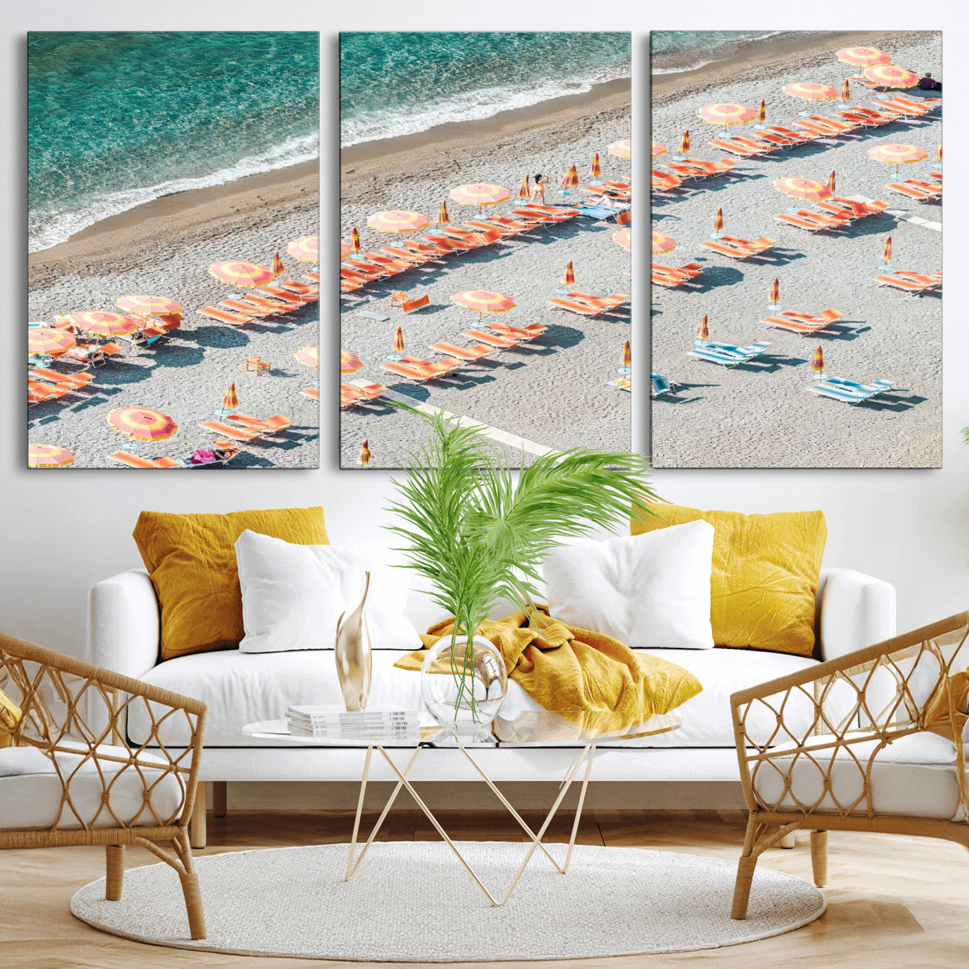 27805351-MGV-CV-36X24 - Beach Umbrellas Wall Art – Orange Loungers & Turquoise Water Canvas Print, Sandy Shore and Summer Vibes