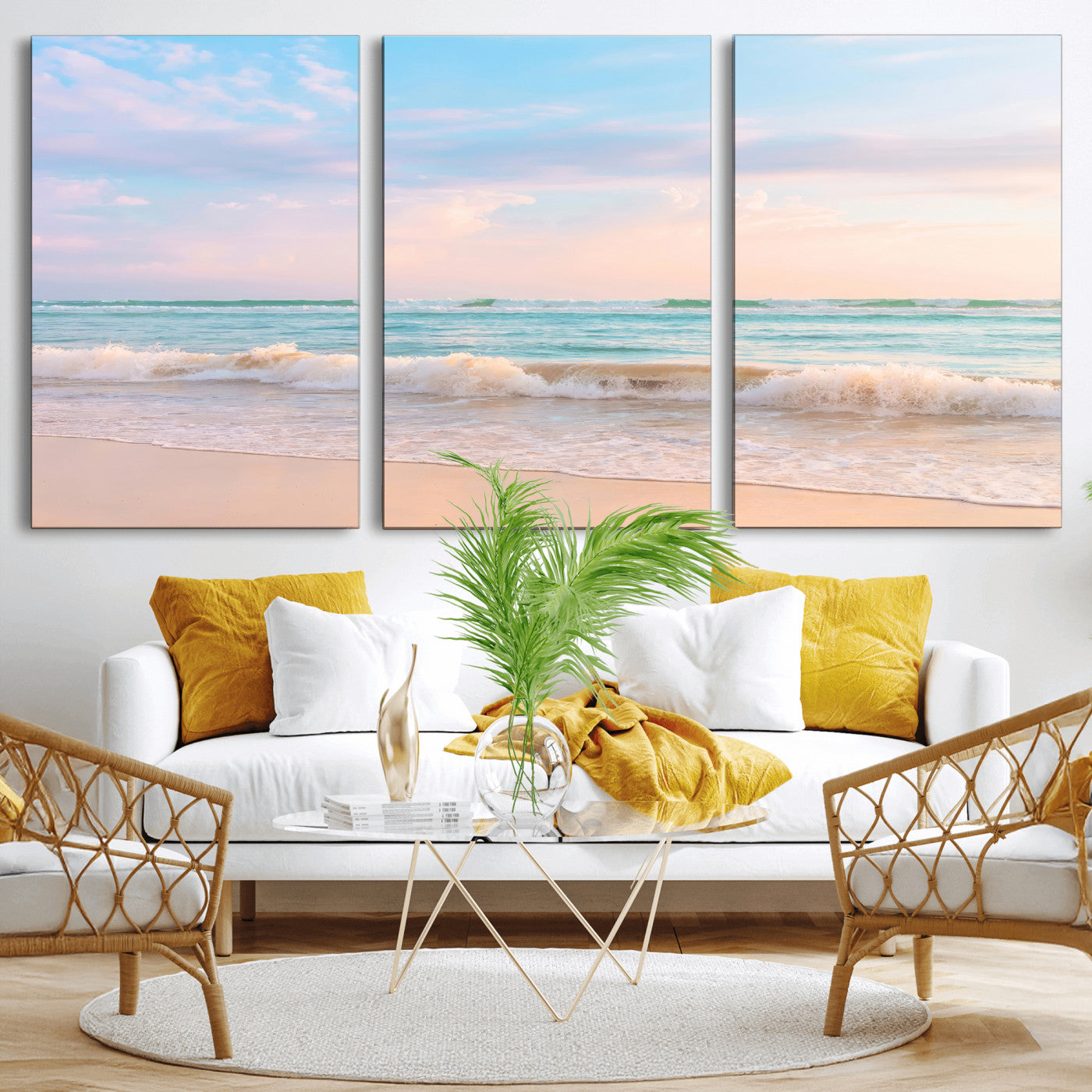 74679437-MGV-CV-36X24 - Serene Waves Wall Art – Golden Shore & Soft Pastel Sky Canvas Print, Gentle Ocean and Peaceful Sunset for Living Room or Office