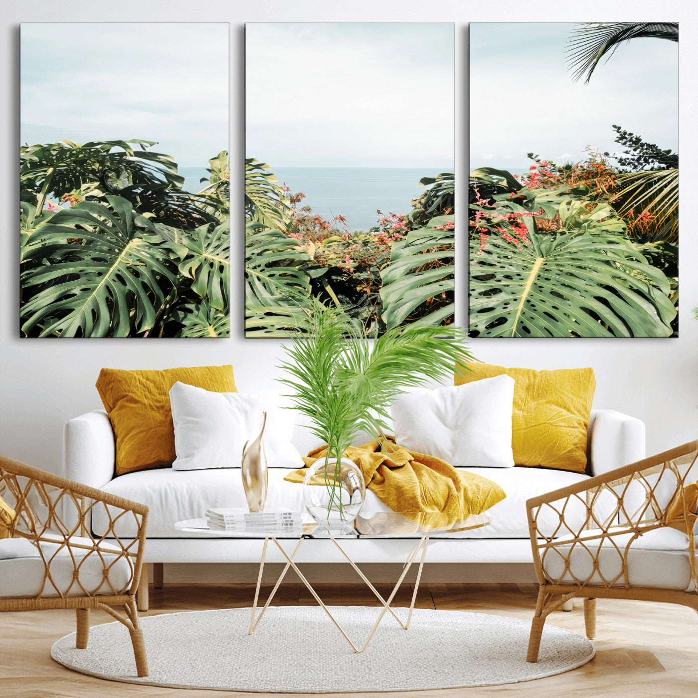 45700479-MGV-CV-36X24 - Tropical Greenery Wall Art – Exotic Leaves & Ocean View Canvas Print, Sunlit Paradise and Vibrant Nature for Living Room or Coastal Decor