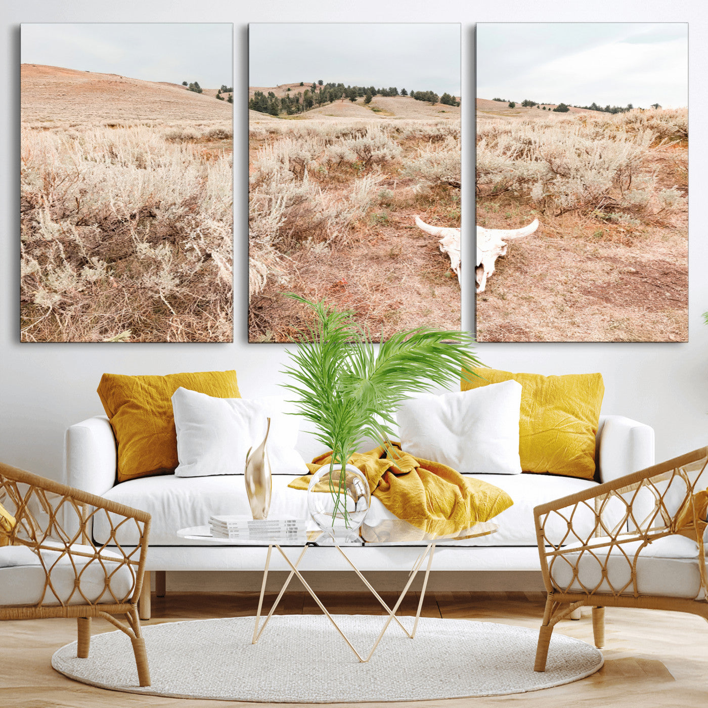 97234735-MGV-CV-36X24 - Desert Skull Wall Art – Arid Landscape & Sagebrush Canvas Print, Rustic Nature and Earth Tones for Living Room or Minimalist Decor