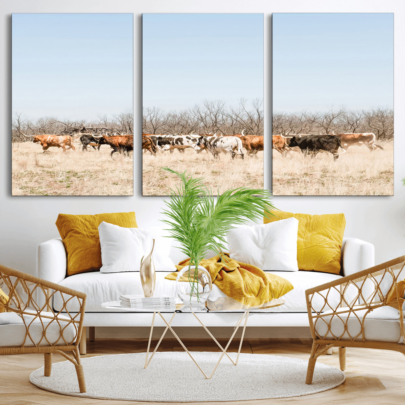16563092-MGV-CV-36X24-Texas Longhorns Wall Art Canvas Print – Framed Western Cattle Rustic Herd Farmhouse Country Animal Artwork for Home Office