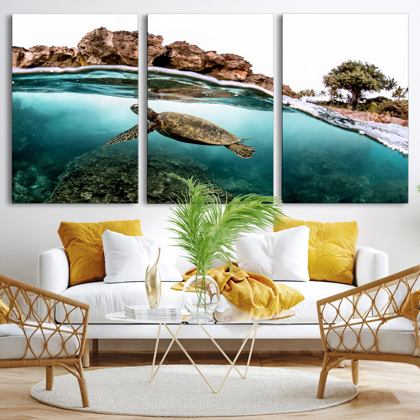 -Sea Turtle Wall Art Canvas Print, Framed Ocean Life Art Picture Print, Tropical Perfect Coastal