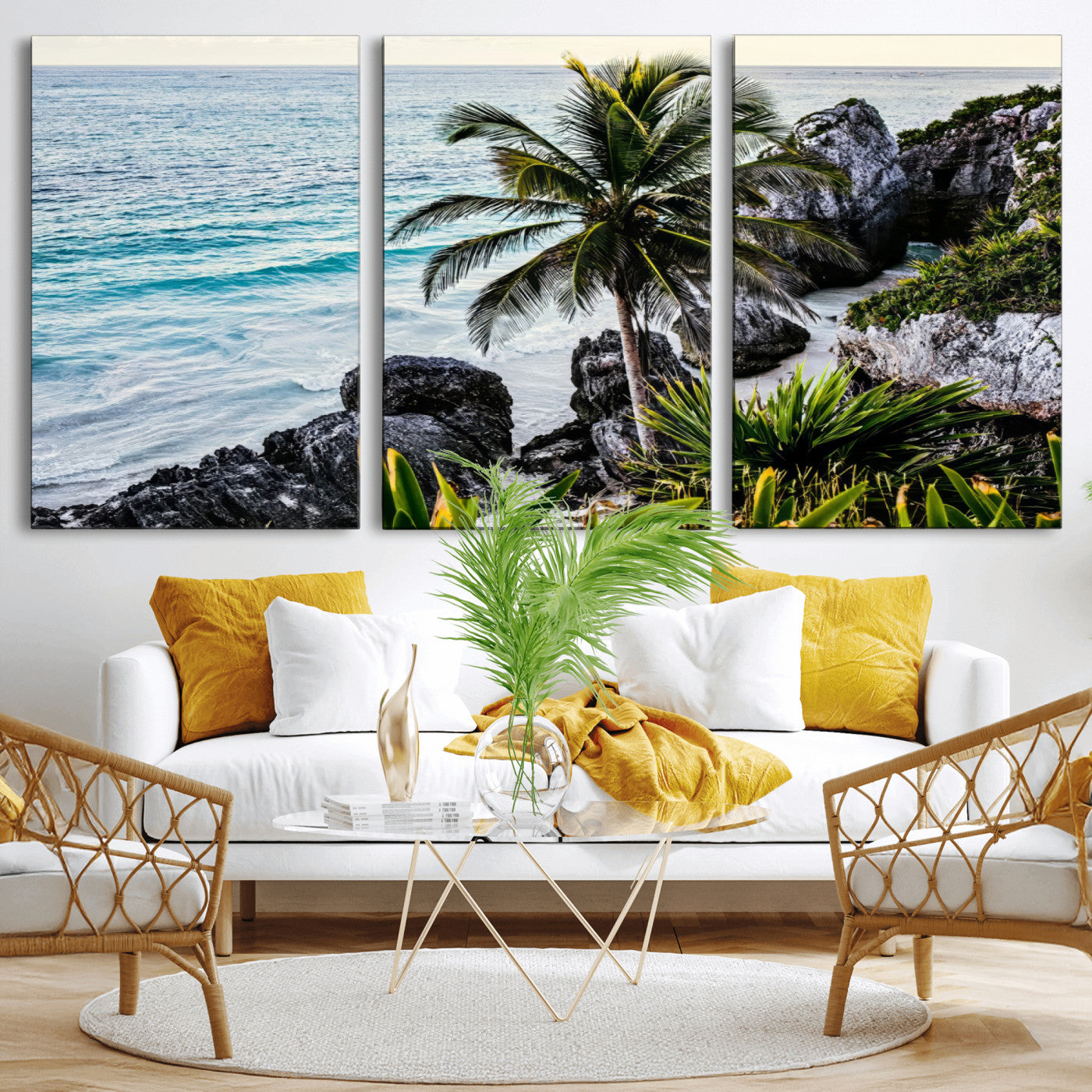 94669907-MGV-CV-36X24 - Tropical Palm Wall Art – Coastal Rocks Canvas Print, Ocean Breeze, Sandy Shore, Vibrant Green Foliage for Living Room or Beach House Decor