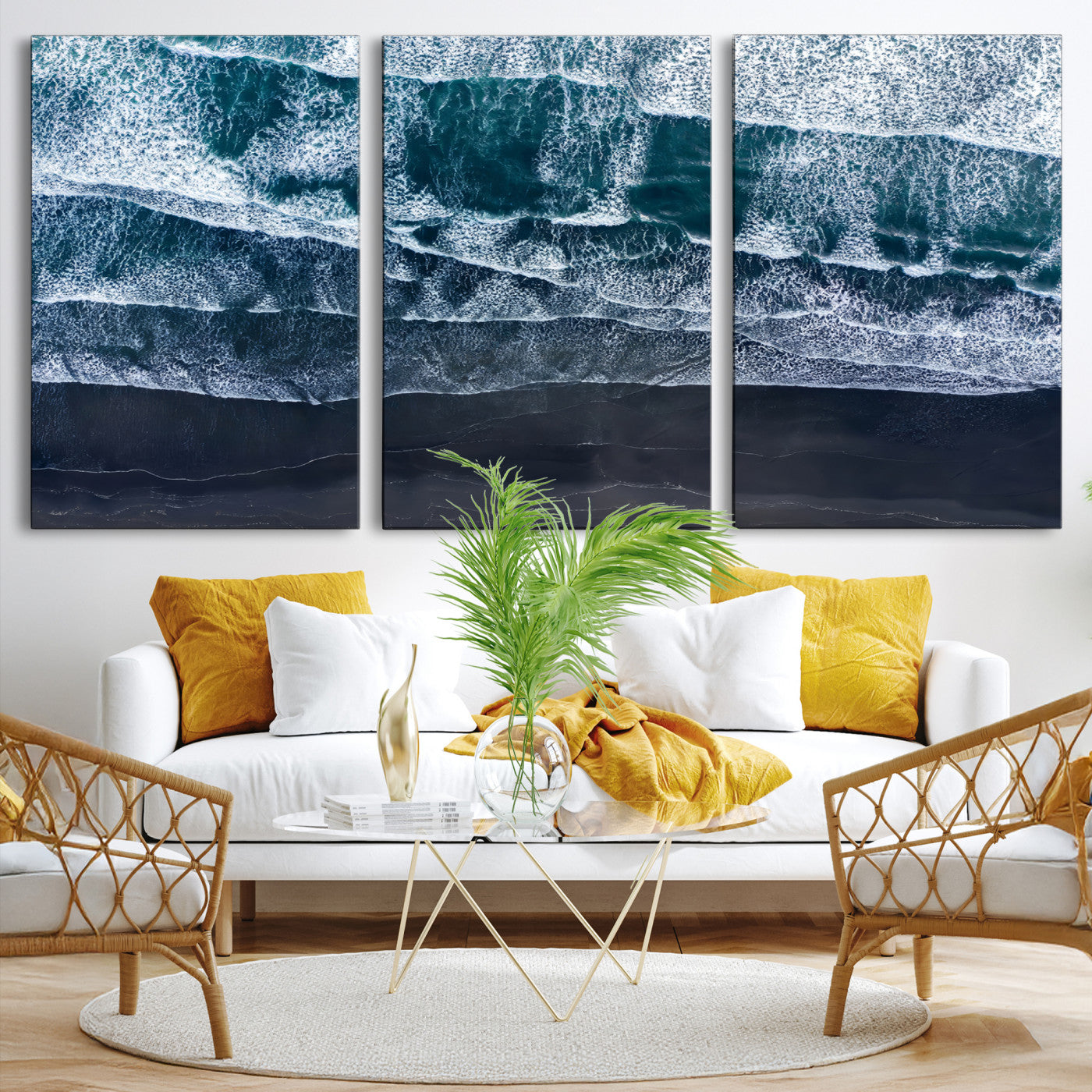 87941475-MGV-CV-36X24-Black Beach Wall Art Canvas Print – Framed Aerial Ocean View Moody Coastal Seascape Nature Artwork for Home Office