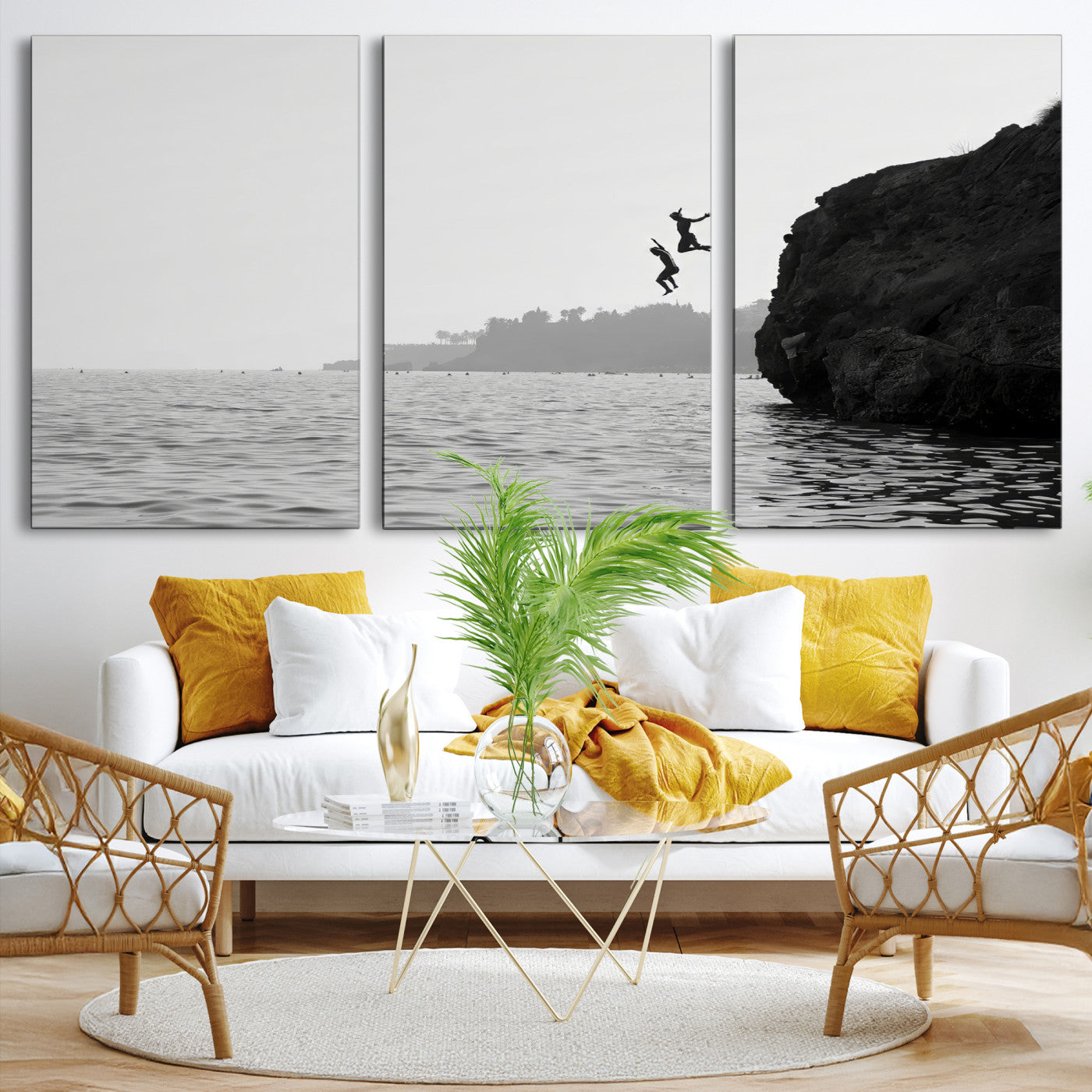 52284302-MGV-CV-36X24-Jumping Wall Art Canvas Print – Framed Coastal Ocean Scene Artwork for Relaxing Beach Home, Office Decor
