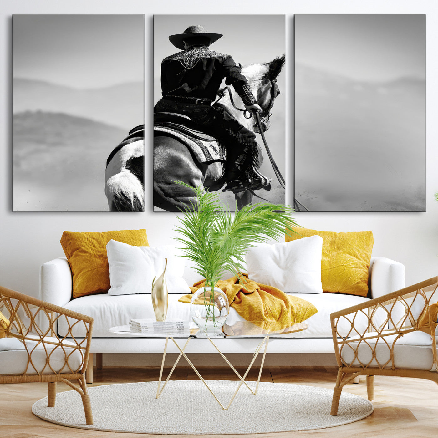 83102464-MGV-CV-36X24-Western Wall Art Canvas Print – Framed Cowboy and Horse Scene Artwork for Rustic Western Home, Office Decor