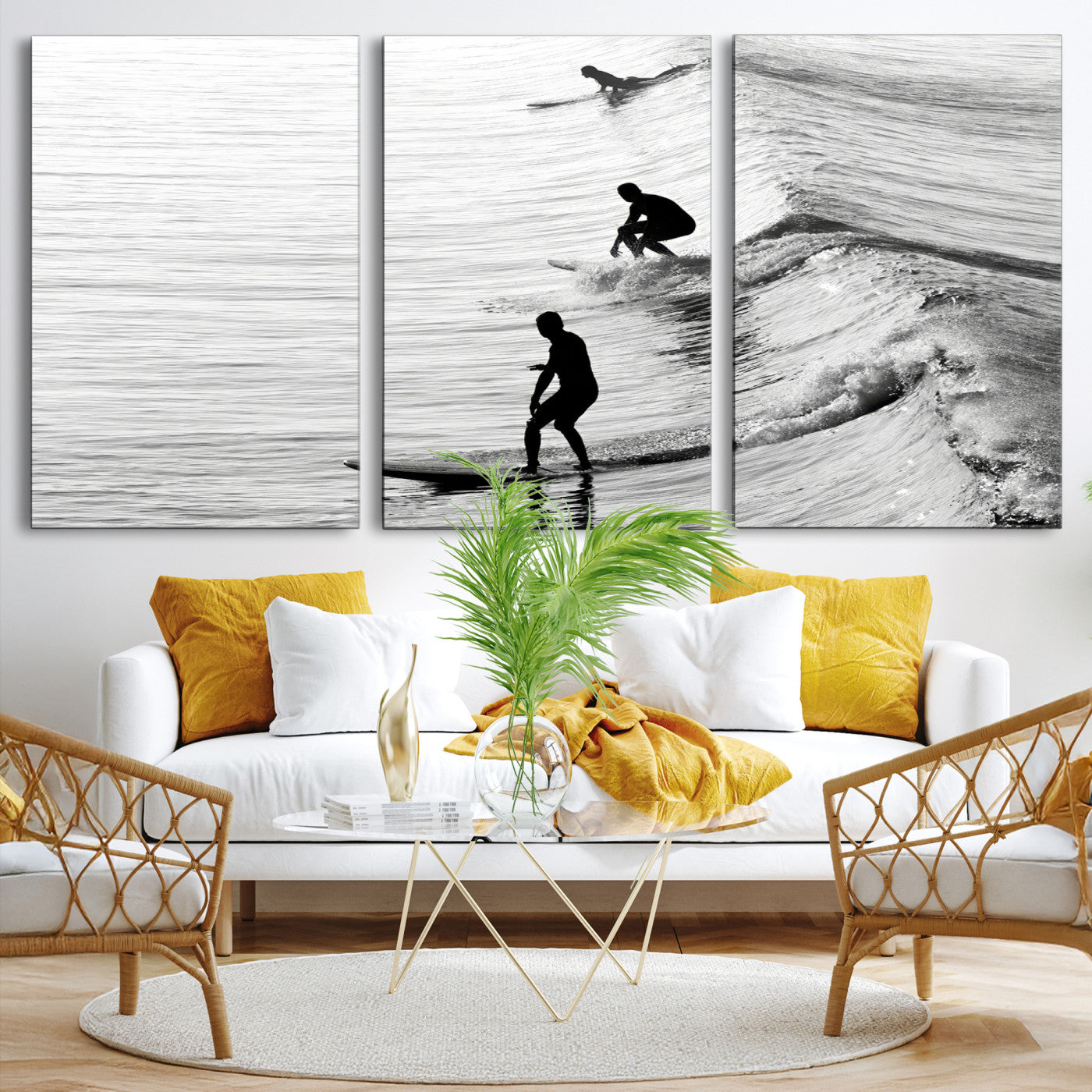 -Surfers on Waves Wall Art Canvas Print, Framed Black White Surf Art Picture Print, Monochrome Ocean