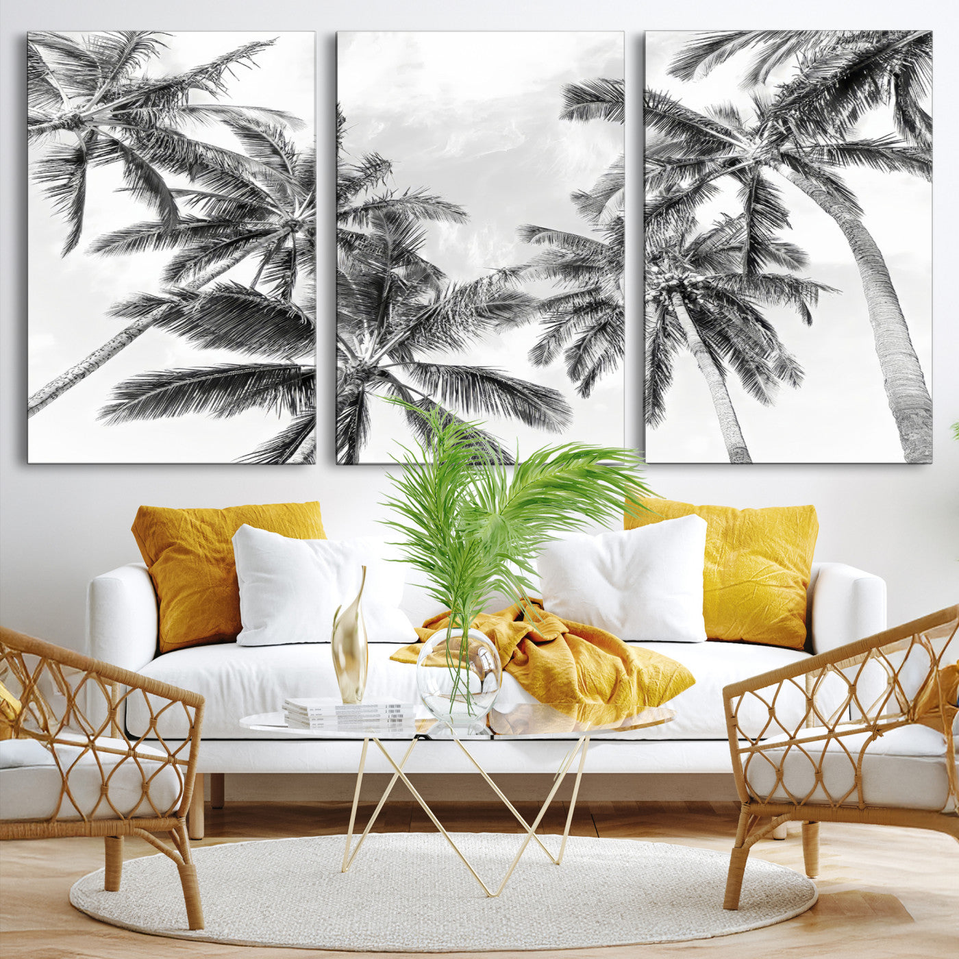 62113786-MGV-CV-36X24-Black and White Palm Wall Art Canvas Print – Framed Monochrome Tropical Beach Scene Artwork for Modern Home, Office Decor