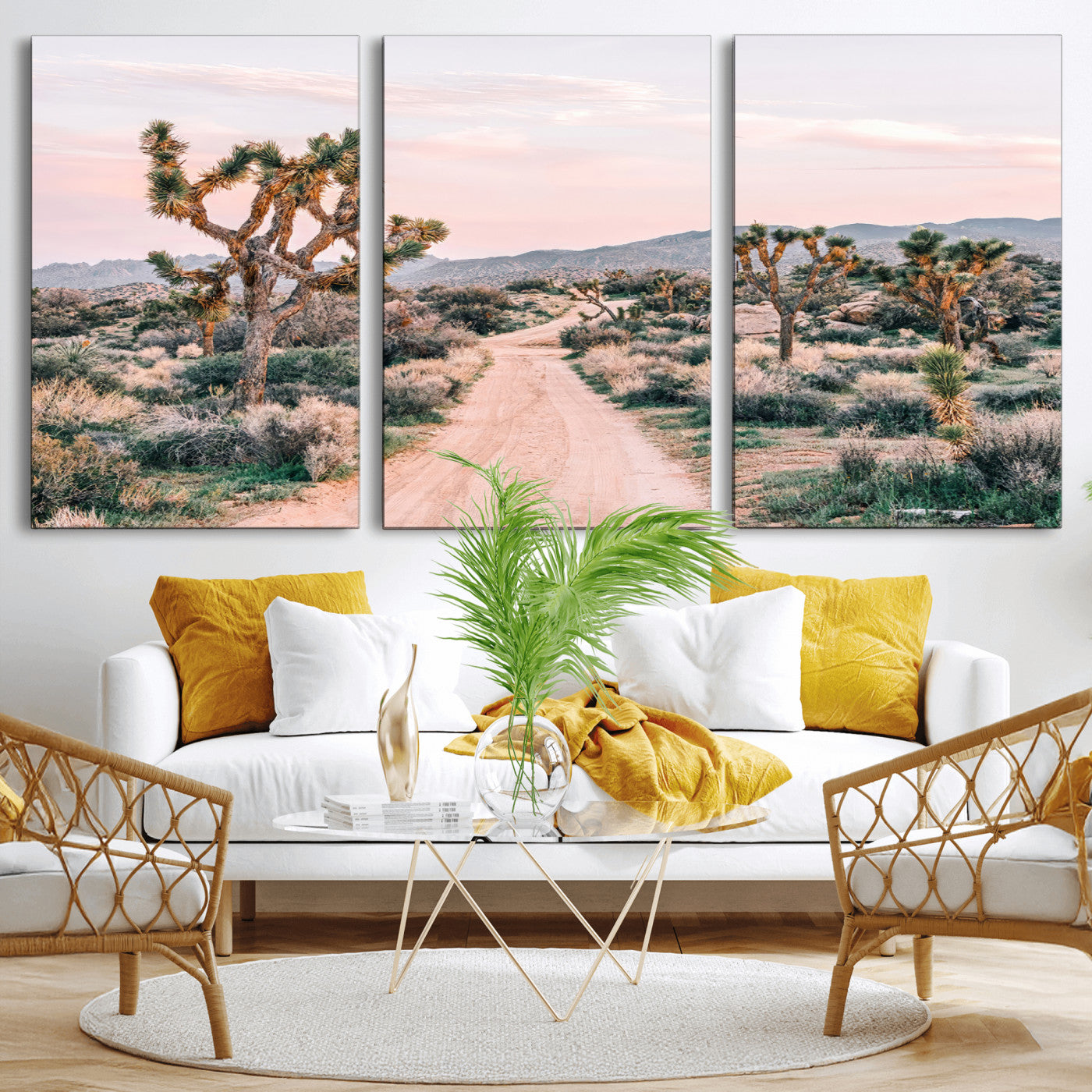 MGV-CV-60X30-3P - Desert Trail Wall Art – Canvas Print of Joshua Trees & Sunset Glow, Sandy Path Wilderness, Scenic Nature Escape Decor for Living Room, Office or Bedroom