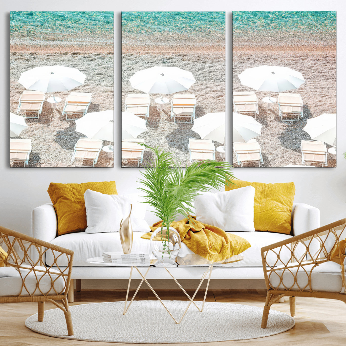 MGV-CV-60X30-3P - Calm Beach Wall Art Canvas Print, Framed Turquoise Water Art Picture Print, Umbrella Shoreline Perfect Coastal Minimalist Decor Artwork