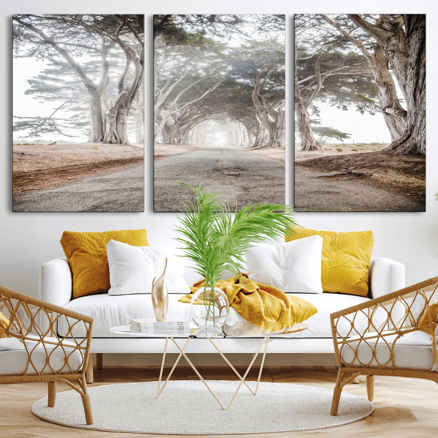 87090469-MGV-CV-36X24-Cypress Tunnel Wall Art – Framed Misty Road Canvas Artwork, Foggy Trees Design, Rustic Woodland Nature Decor for Home, Office