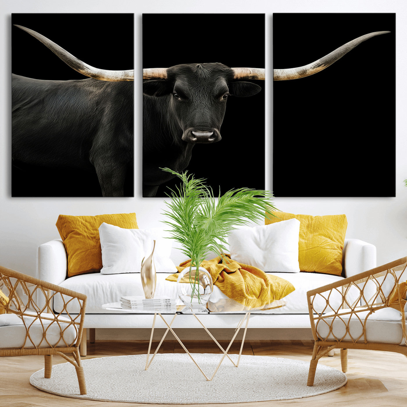99448328-MGV-CV-36X24-Longhorn Cattle Wall Art Canvas Print – Framed Texas Ranch Scene with Western Cow Artwork for Home, Office, Living Room