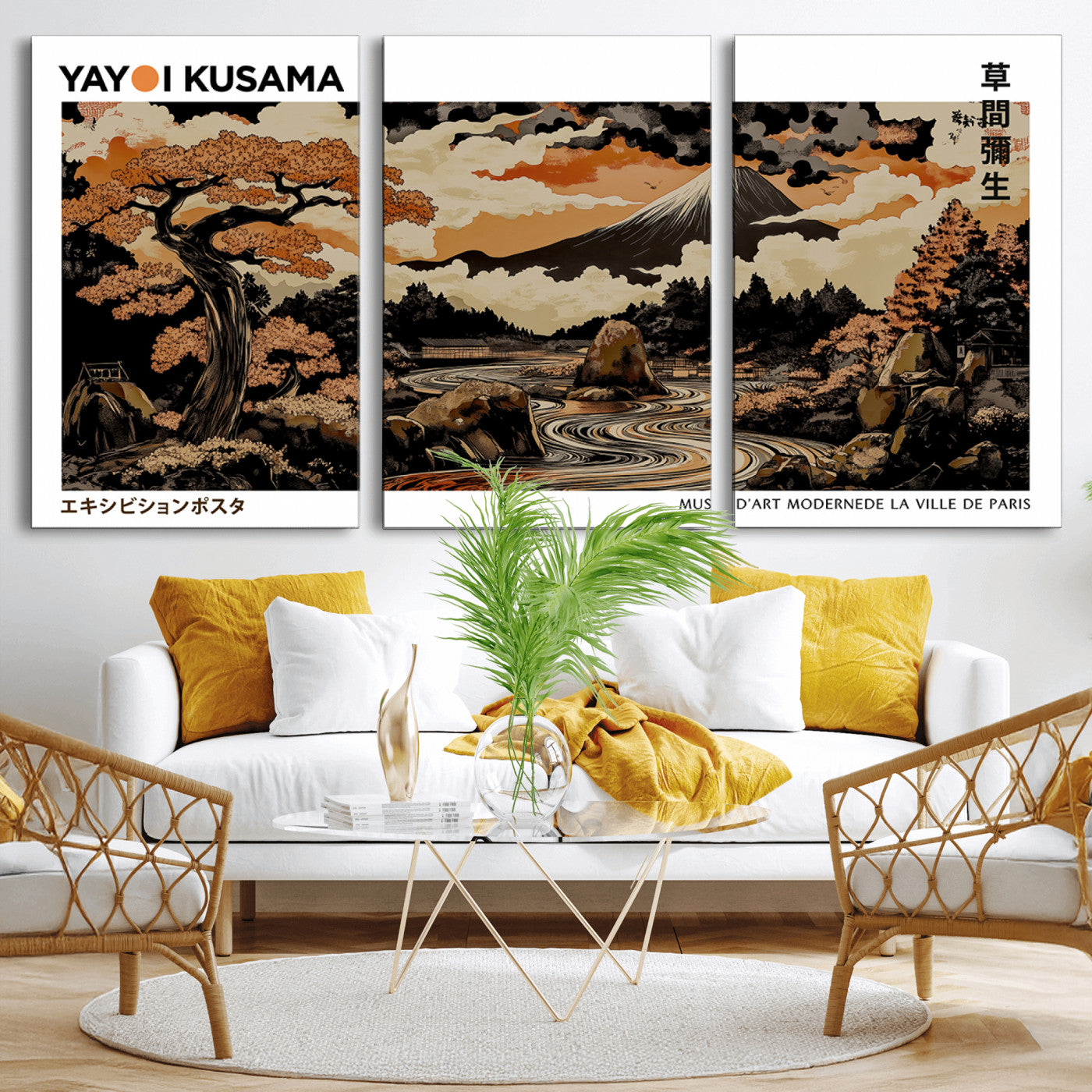 96372548-MGV-CV-36X24-Modern Japanese Wall Art Canvas Print – Framed Abstract Mount Fuji Scene with Yayoi Kusama Style Artwork for Home, Office