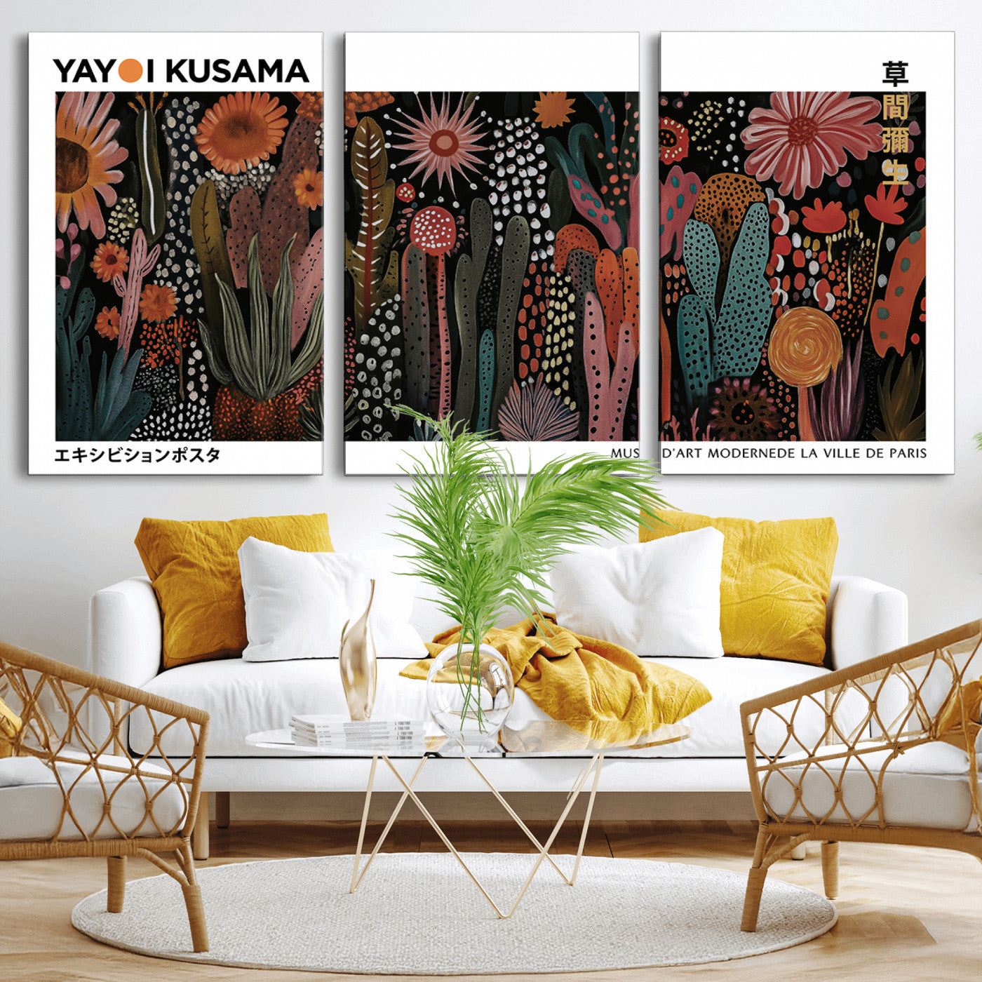 70632622-MGV-CV-36X24-Modern Japanese Wall Art Canvas Print – Framed Abstract Mount Fuji Scene with Yayoi Kusama Artwork for Home, Office