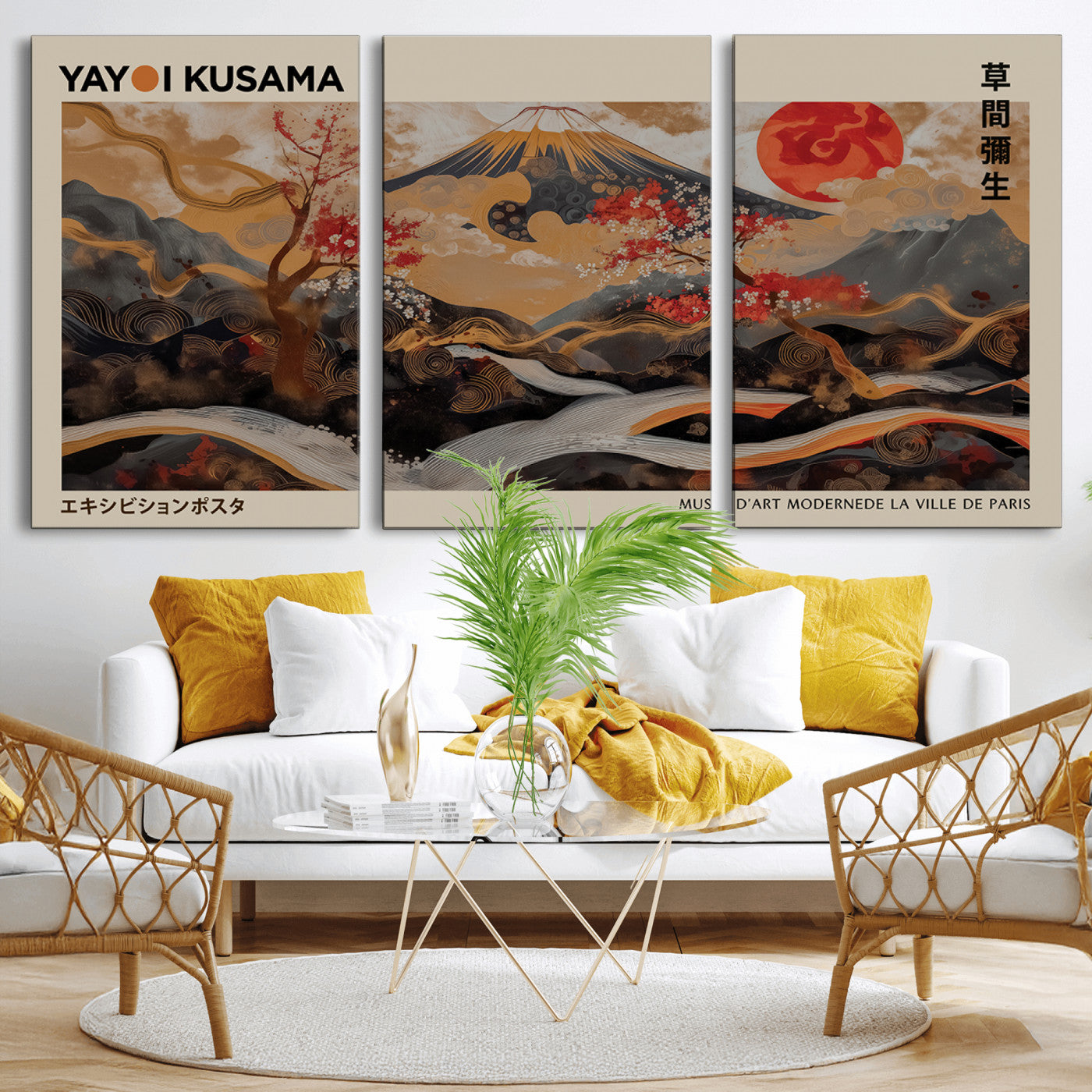 77970791-MGV-CV-36X24-Modern Japanese Wall Art Canvas Print – Framed Abstract Mount Fuji Scene with Yayoi Kusama Artwork for Home, Office